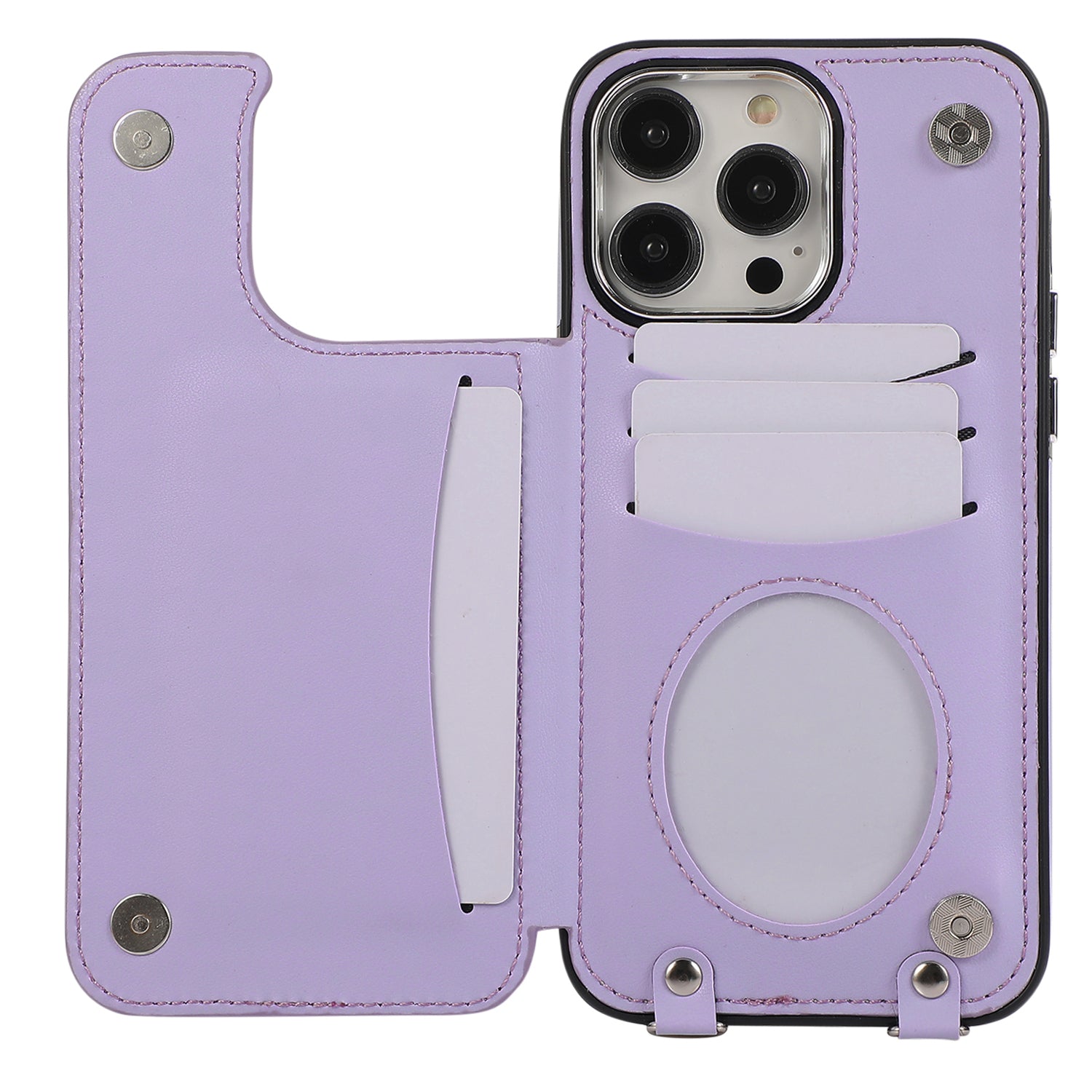 For iPhone 13 Pro Case RFID Blocking Card Slots Ring Kickstand Cover with Shoulder Strap