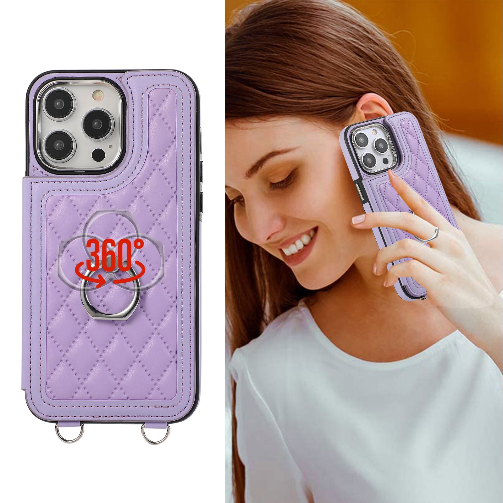 For iPhone 13 Pro Case RFID Blocking Card Slots Ring Kickstand Cover with Shoulder Strap