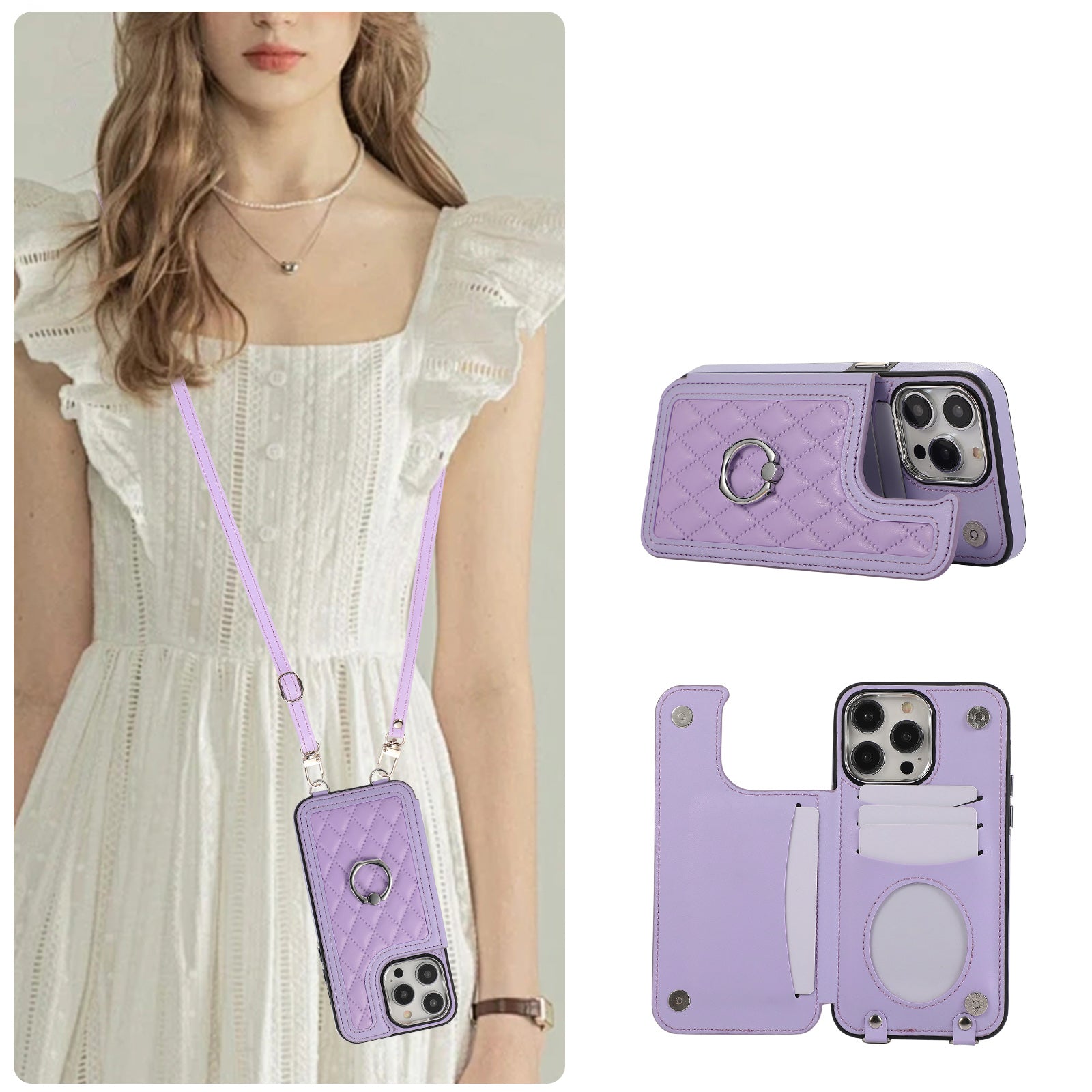 For iPhone 13 Pro Case RFID Blocking Card Slots Ring Kickstand Cover with Shoulder Strap