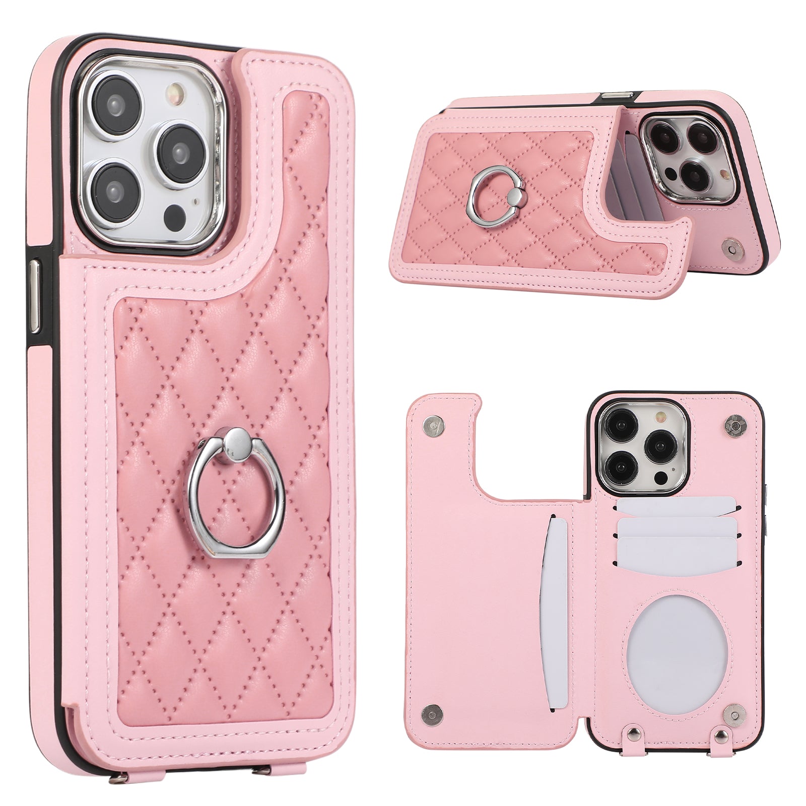 For iPhone 13 Pro Case RFID Blocking Card Slots Ring Kickstand Cover with Shoulder Strap