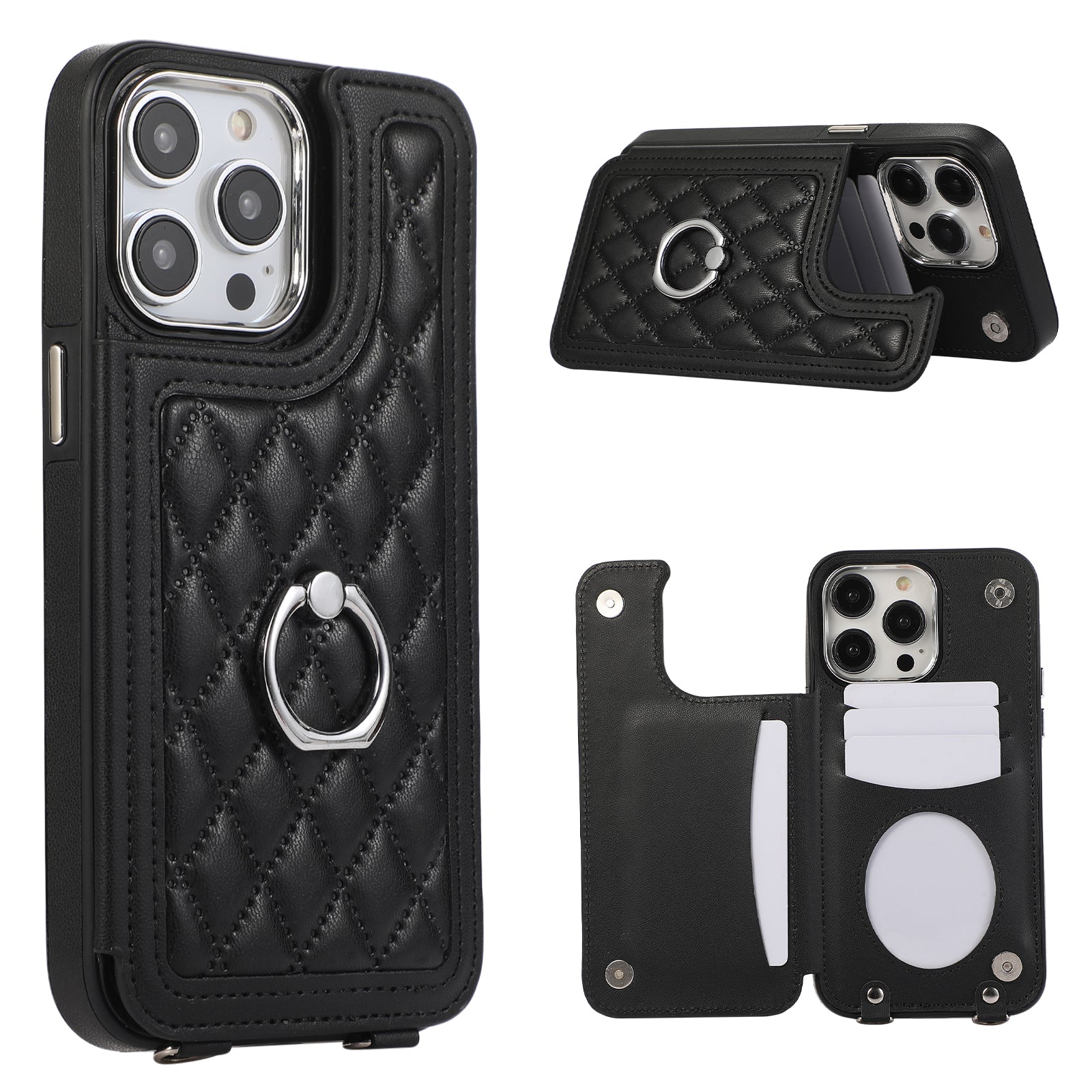 For iPhone 13 Pro Case RFID Blocking Card Slots Ring Kickstand Cover with Shoulder Strap