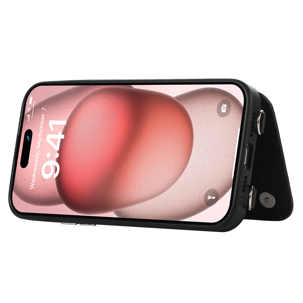 For iPhone 14 Pro Max Ring Phone Case Crossbody Leather Kickstand Coated TPU Card Holder