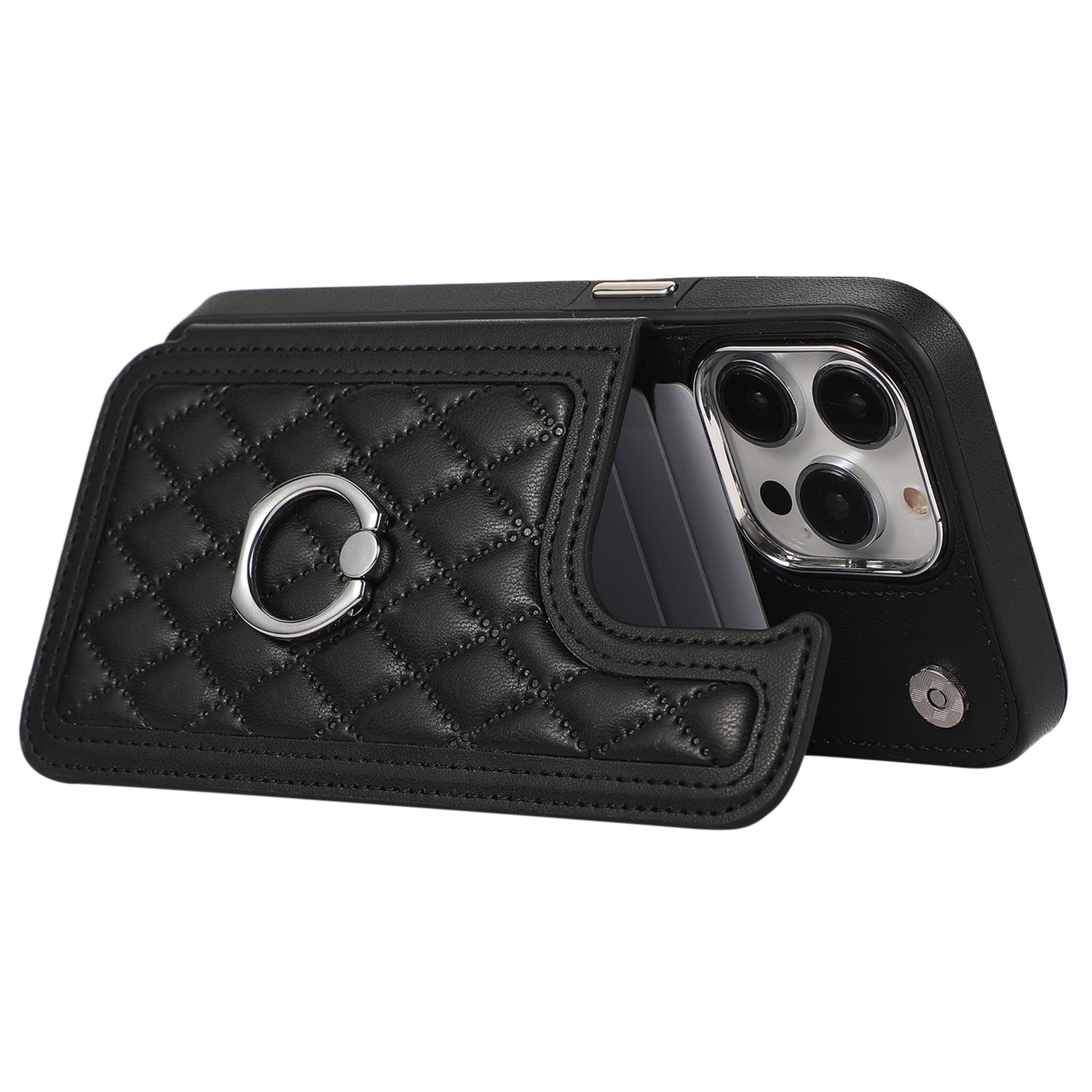 For iPhone 14 Pro Max Ring Phone Case Crossbody Leather Kickstand Coated TPU Card Holder
