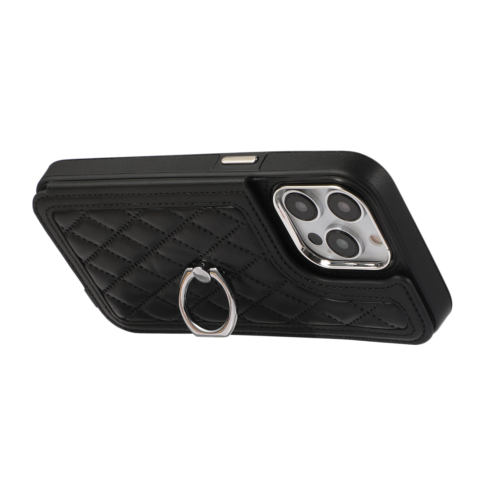 For iPhone 14 Pro Max Ring Phone Case Crossbody Leather Kickstand Coated TPU Card Holder