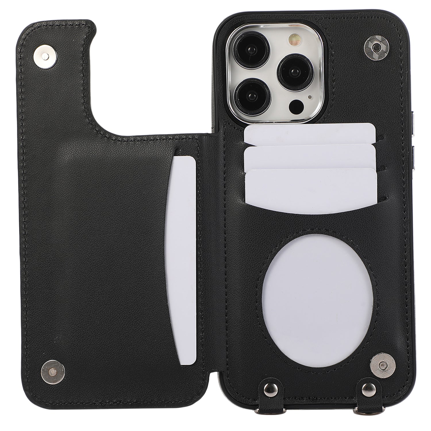 For iPhone 14 Pro Max Ring Phone Case Crossbody Leather Kickstand Coated TPU Card Holder
