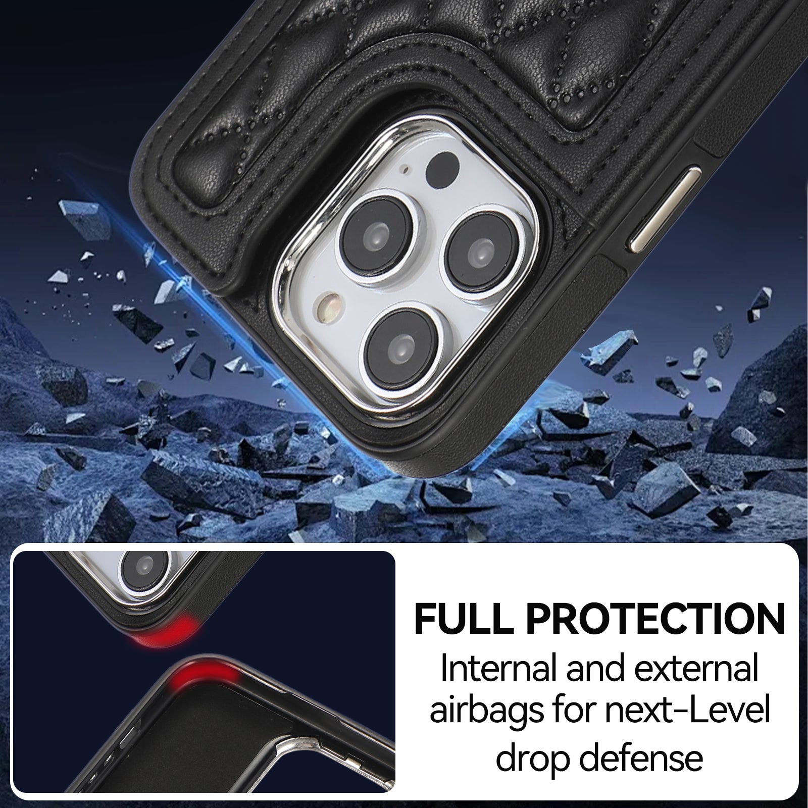 For iPhone 14 Pro Max Ring Phone Case Crossbody Leather Kickstand Coated TPU Card Holder