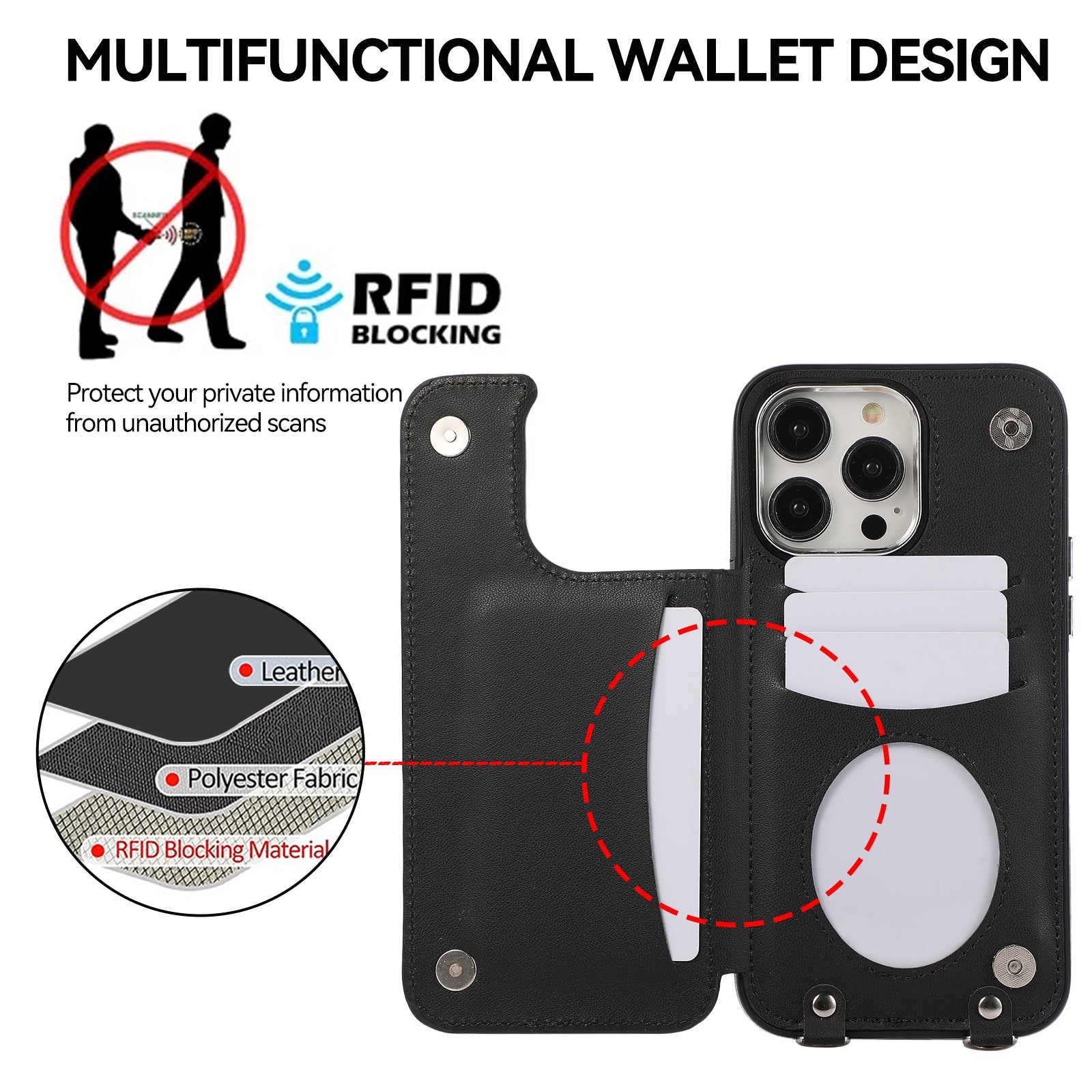 For iPhone 14 Pro Max Ring Phone Case Crossbody Leather Kickstand Coated TPU Card Holder
