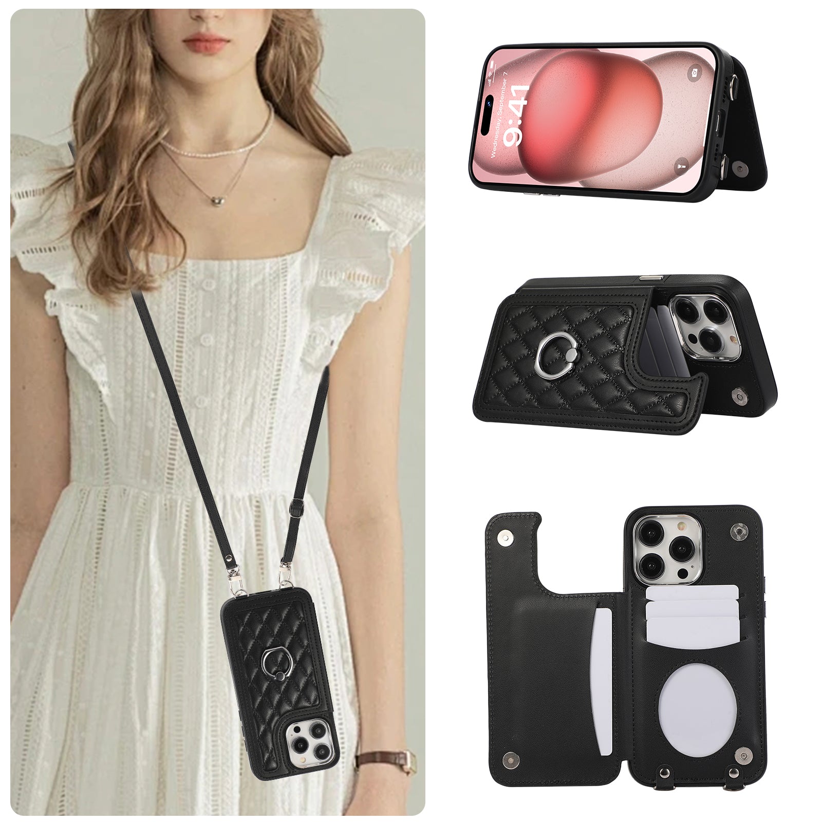 For iPhone 14 Pro Max Ring Phone Case Crossbody Leather Kickstand Coated TPU Card Holder