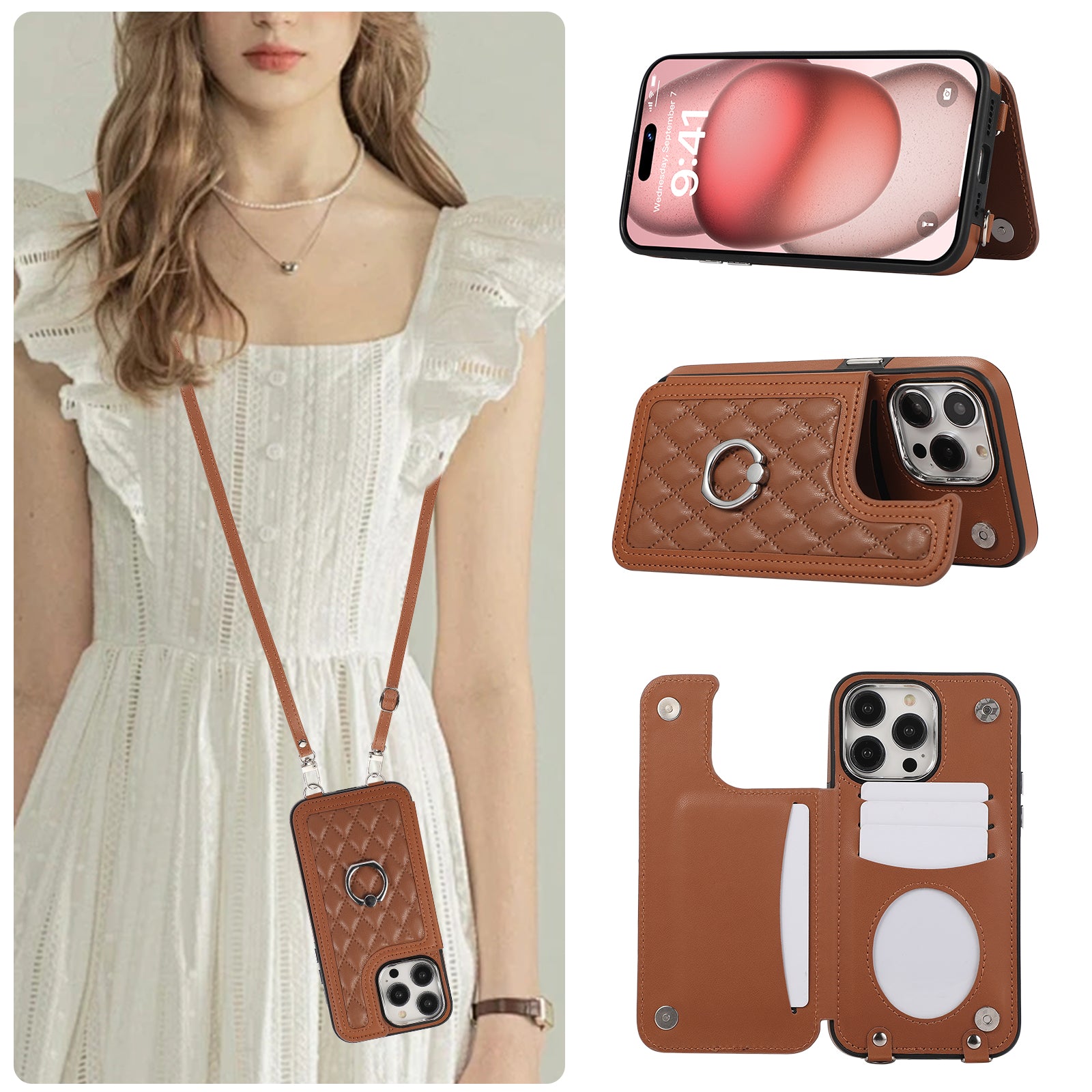 For iPhone 14 Pro Case RFID Blocking Card Slots Leather Coated TPU Cover with Shoulder Strap