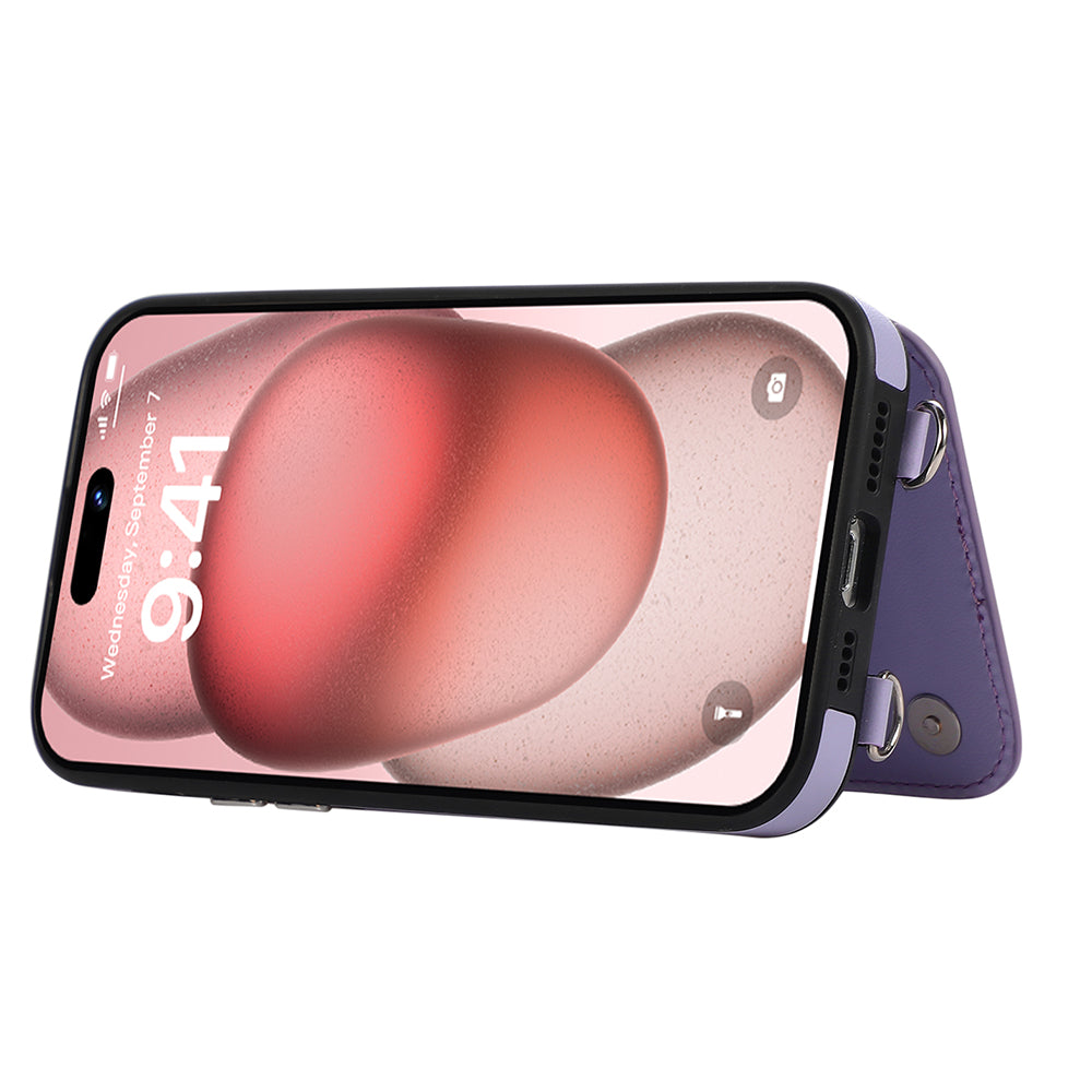 For iPhone 15 Pro Crossbody Case RFID Blocking Card Slots Kickstand PU Leather Back Cover