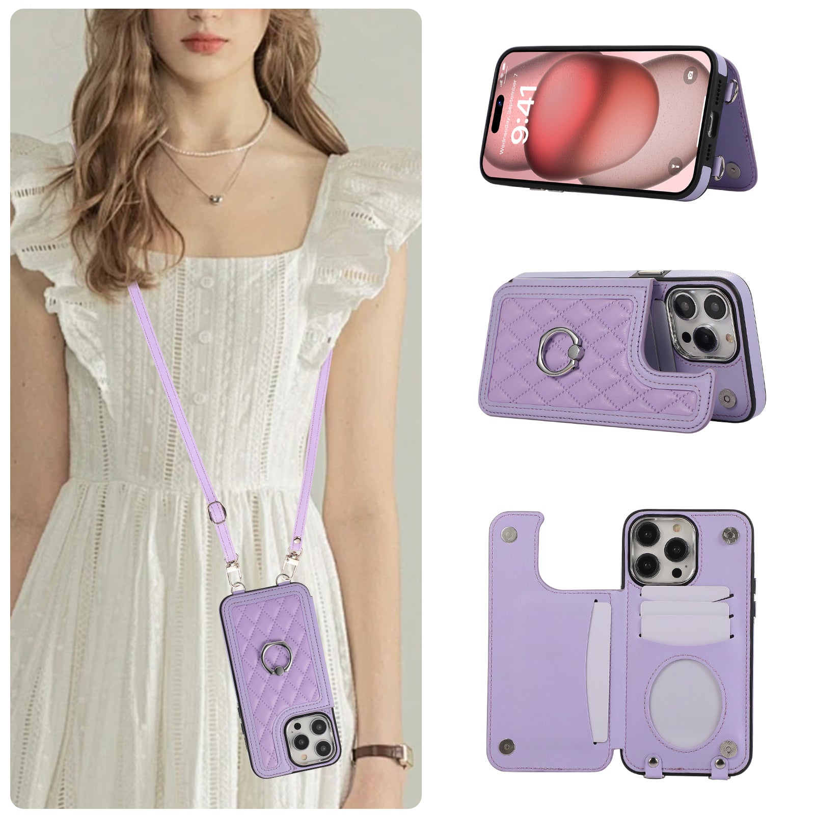For iPhone 15 Pro Crossbody Case RFID Blocking Card Slots Kickstand PU Leather Back Cover