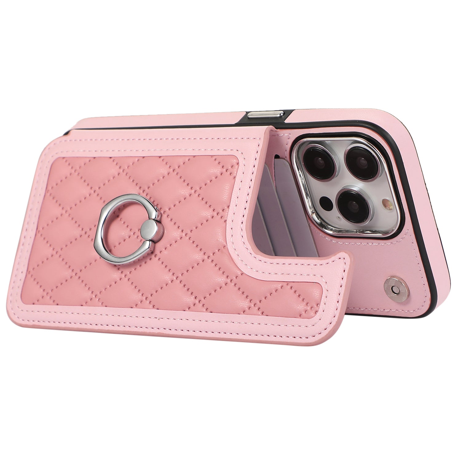 For iPhone 15 Pro Max Case PU Leather + TPU Ring Kickstand RFID Blocking Phone Cover