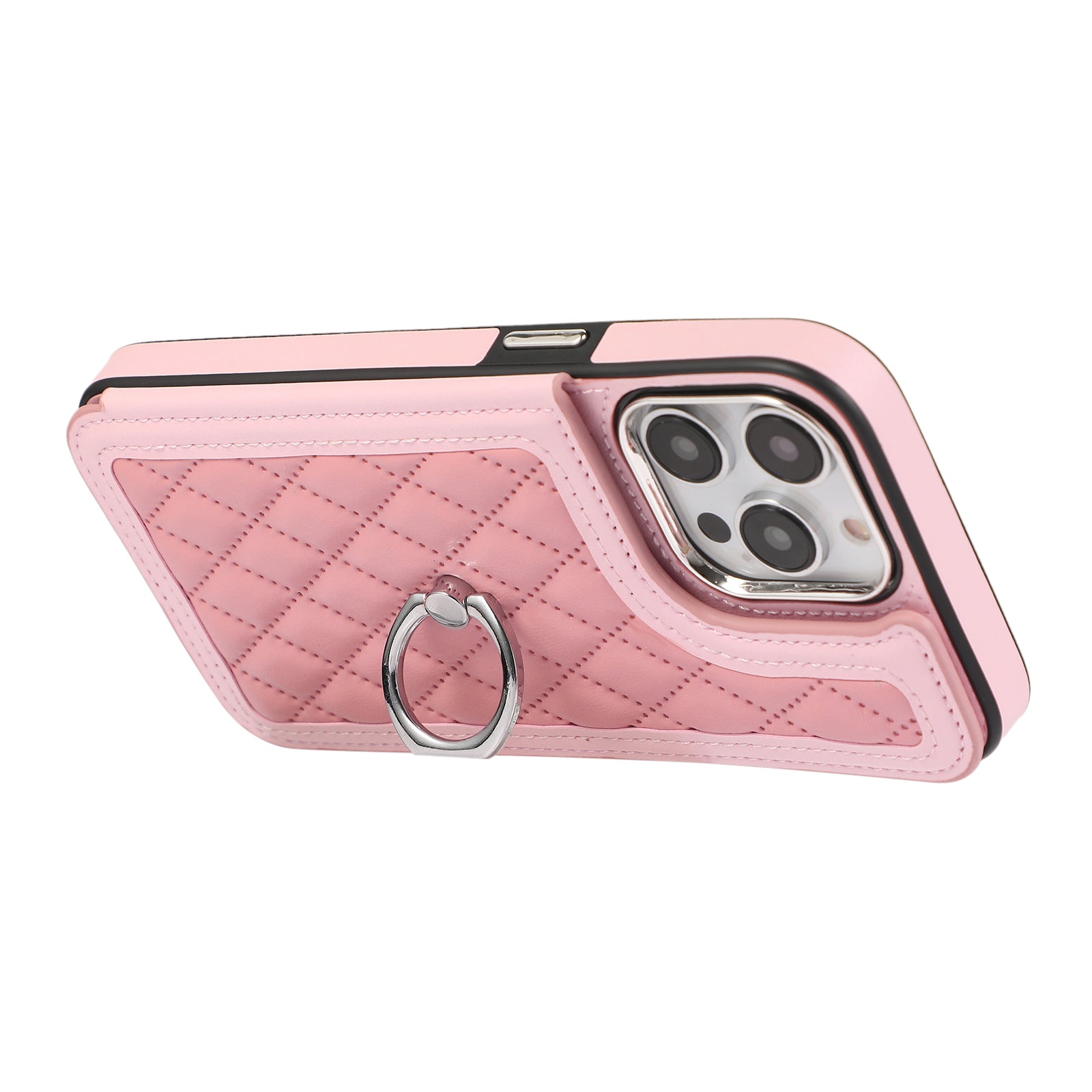 For iPhone 15 Pro Max Case PU Leather + TPU Ring Kickstand RFID Blocking Phone Cover