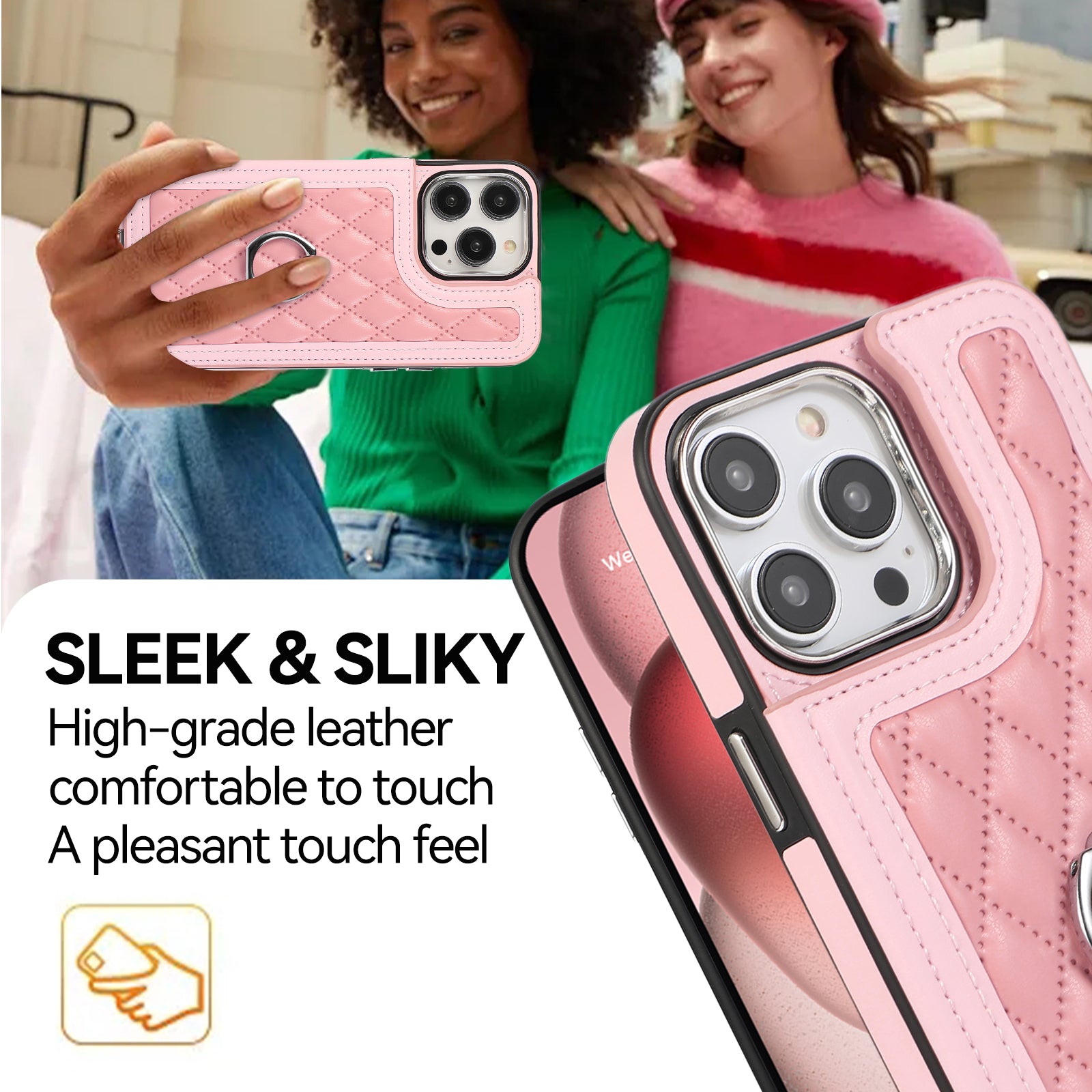 For iPhone 15 Pro Max Case PU Leather + TPU Ring Kickstand RFID Blocking Phone Cover