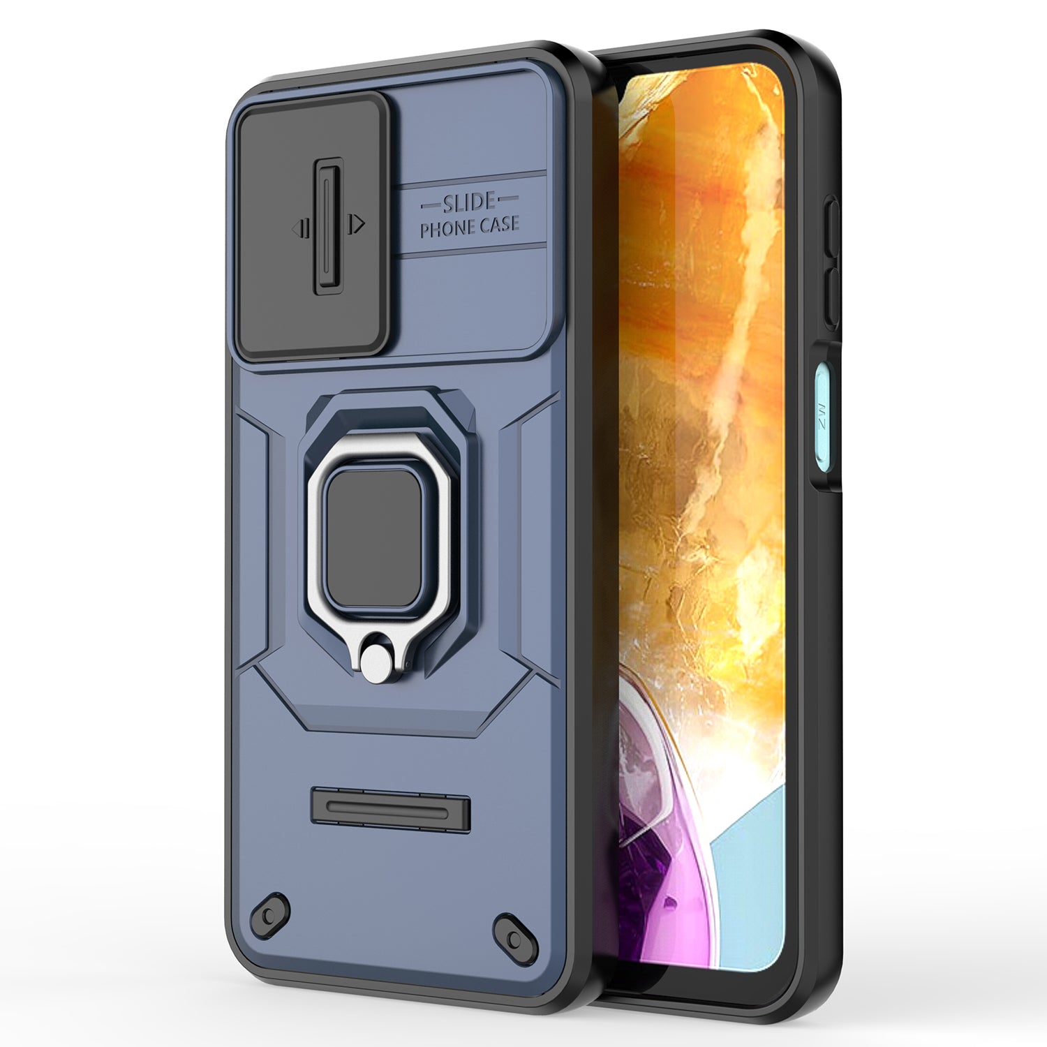 For Samsung Galaxy M15 5G Case with Slide Camera Cover Ring Kickstand PC+TPU Phone Protector
