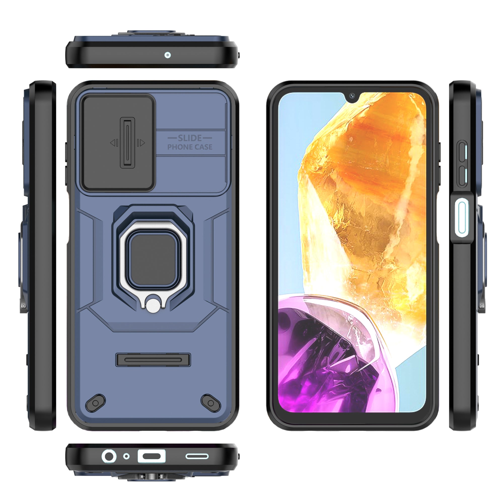 For Samsung Galaxy M15 5G Case with Slide Camera Cover Ring Kickstand PC+TPU Phone Protector