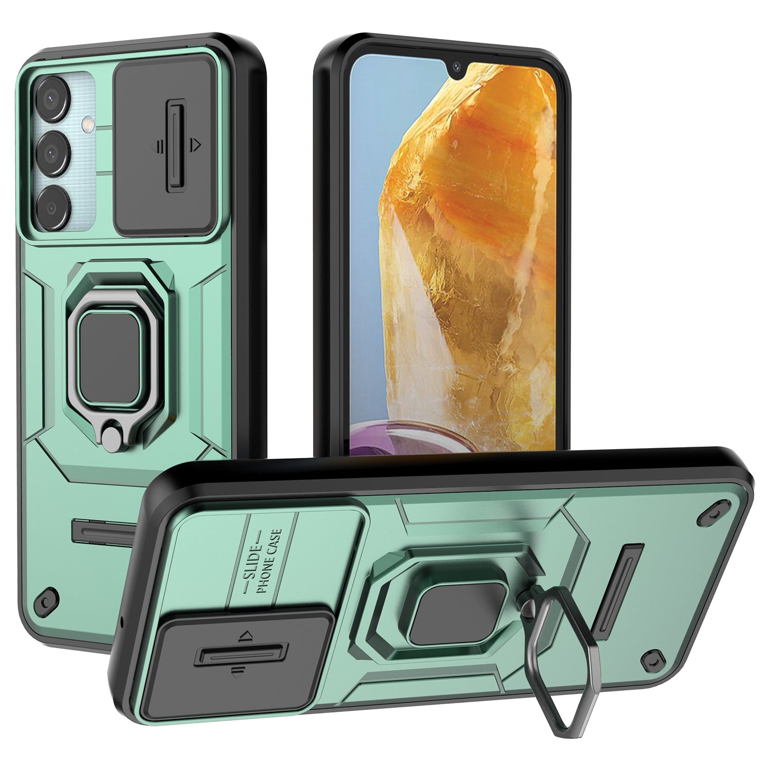 For Samsung Galaxy M15 5G Case with Slide Camera Cover Ring Kickstand PC+TPU Phone Protector