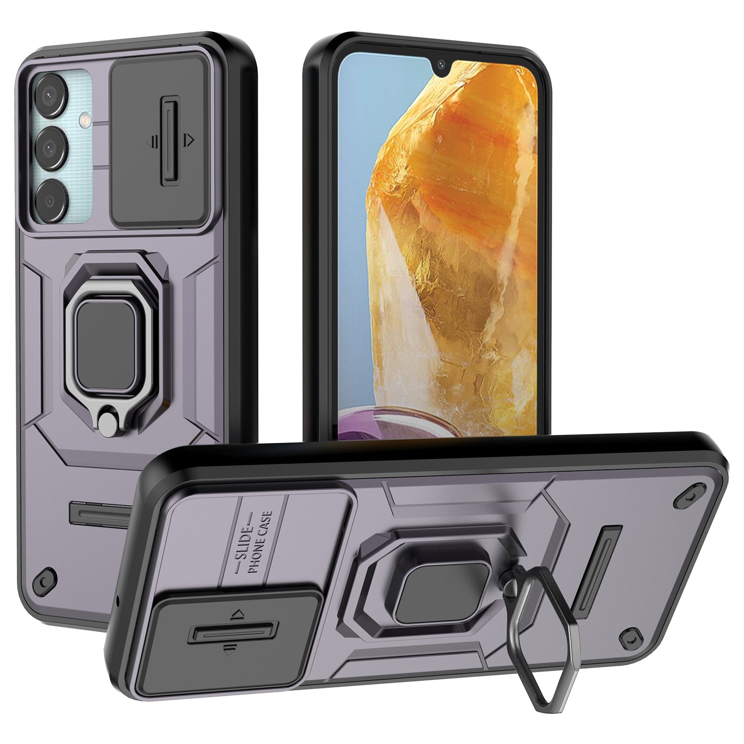 For Samsung Galaxy M15 5G Case with Slide Camera Cover Ring Kickstand PC+TPU Phone Protector