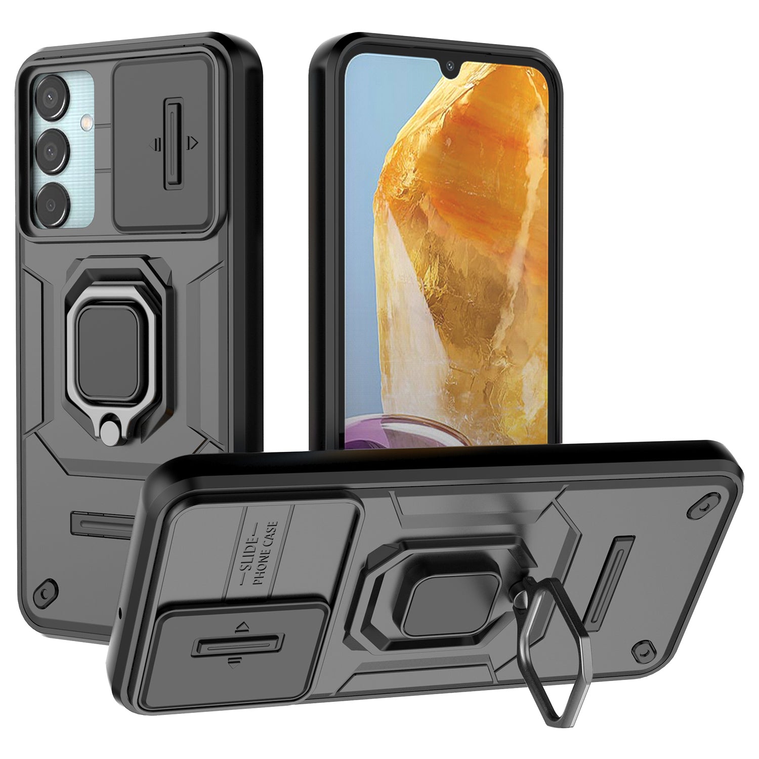 For Samsung Galaxy M15 5G Case with Slide Camera Cover Ring Kickstand PC+TPU Phone Protector