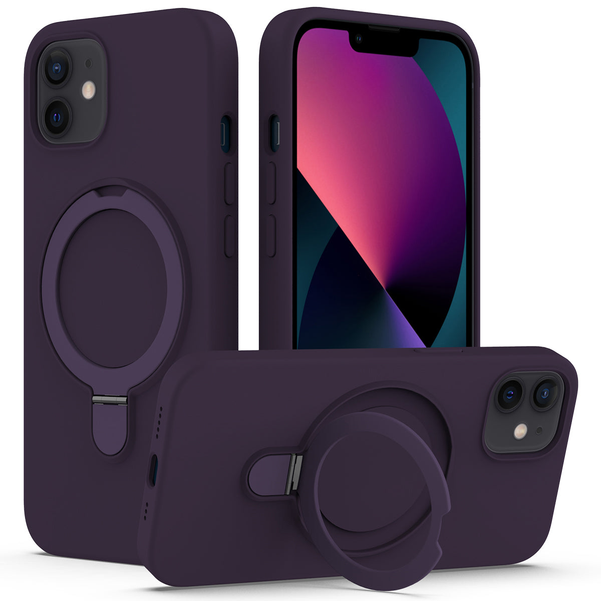 For iPhone 11 Magnetic Case with Ring Kickstand PC + Silicone Drop-Proof Phone Cover