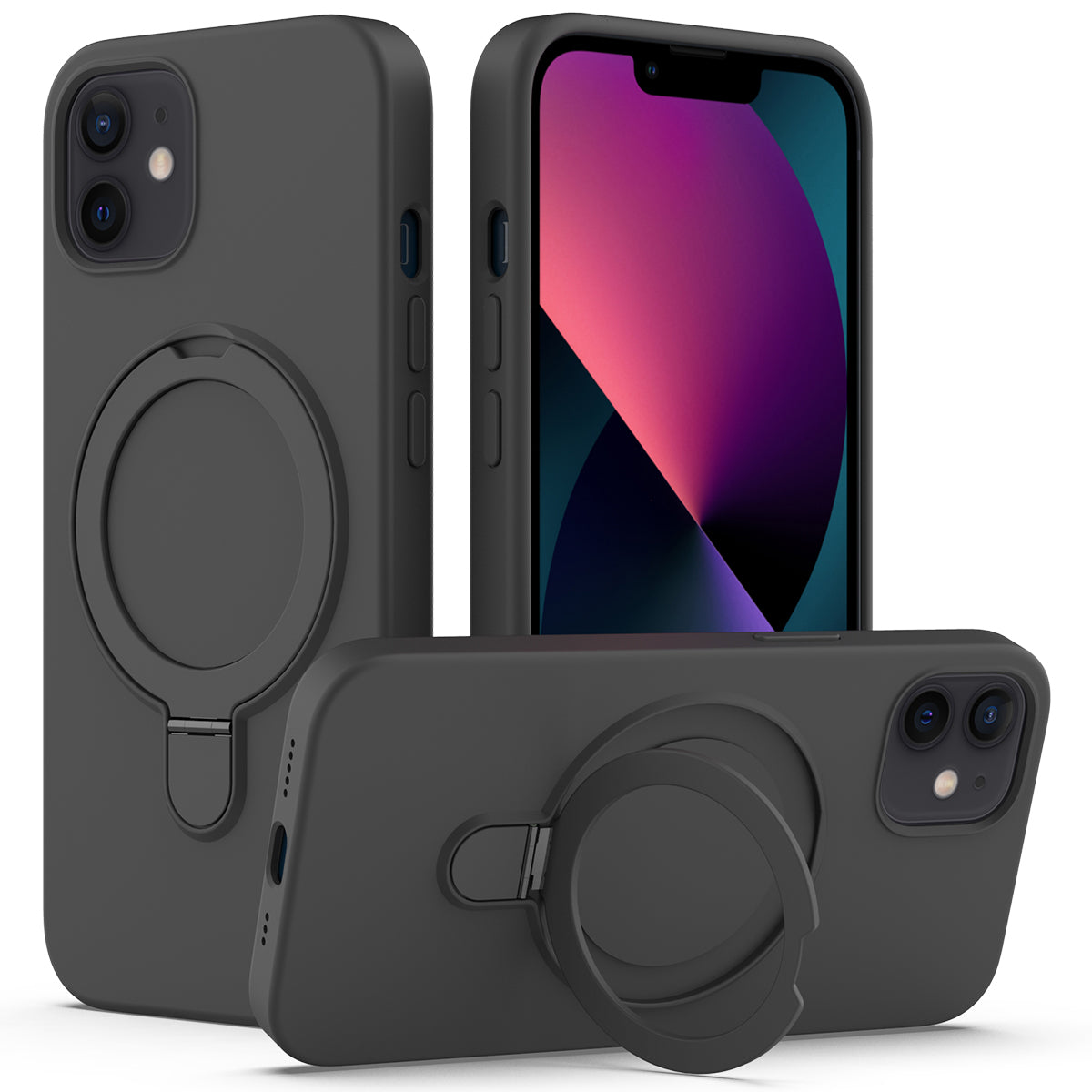 For iPhone 11 Magnetic Case with Ring Kickstand PC + Silicone Drop-Proof Phone Cover