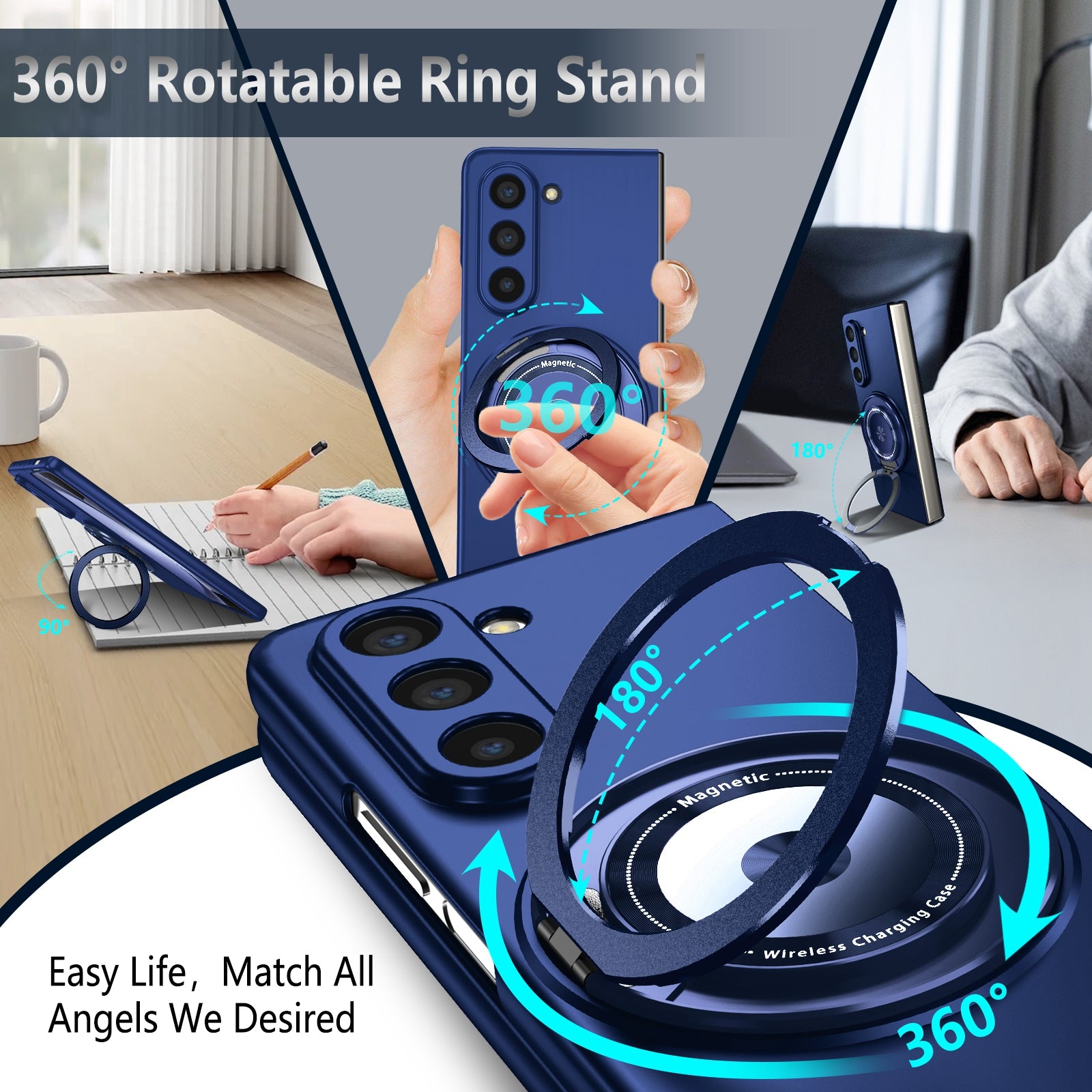 For Samsung Galaxy Z Fold5 5G Magnetic Phone Case PC+TPU Flip Cover with Rotary Kickstand