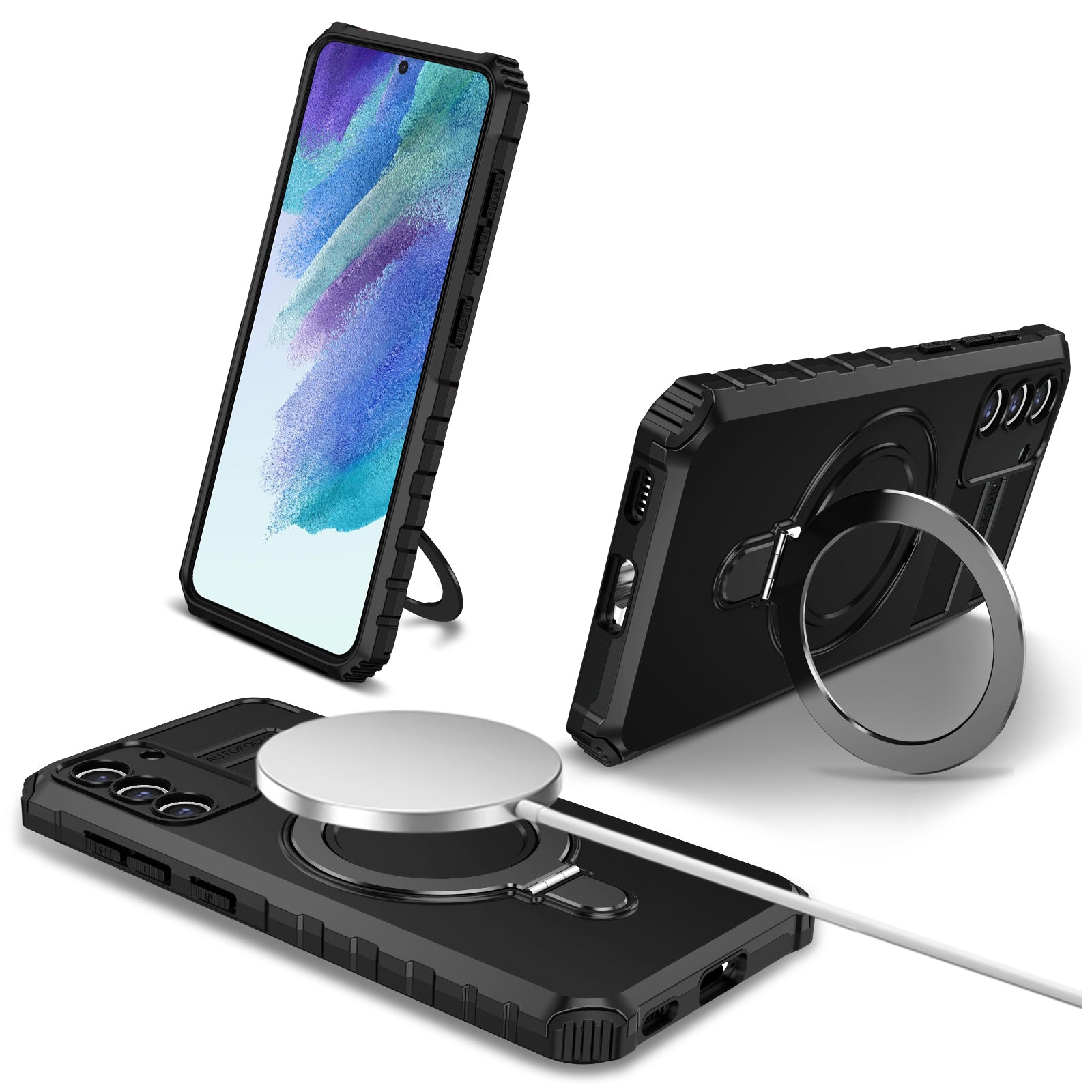 For Samsung Galaxy S21 FE 5G Magnetic PC+TPU Phone Case Finger Grip Kickstand Cover