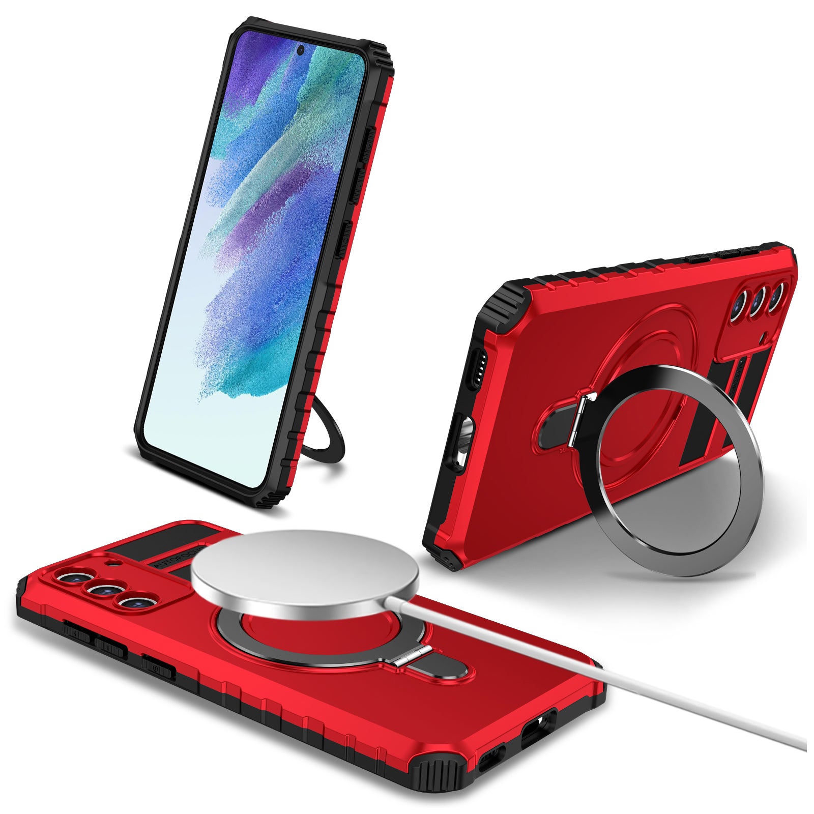 For Samsung Galaxy S21 FE 5G Magnetic PC+TPU Phone Case Finger Grip Kickstand Cover