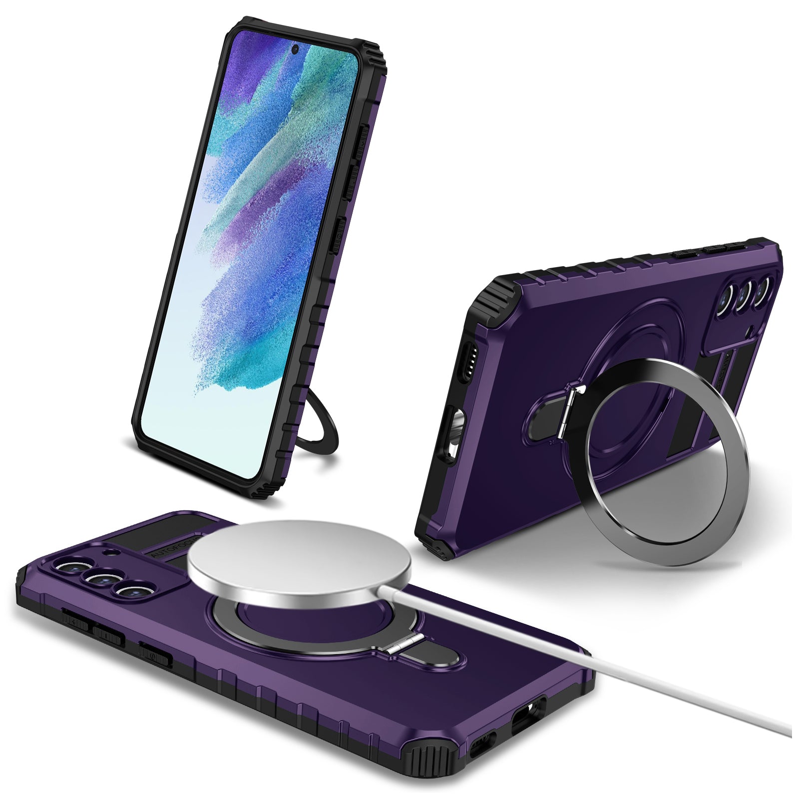 For Samsung Galaxy S21 FE 5G Magnetic PC+TPU Phone Case Finger Grip Kickstand Cover