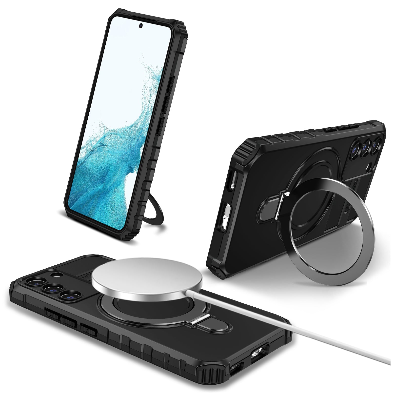 For Samsung Galaxy S22 5G Compatible with MagSafe PC+TPU Phone Case Magnetic Finger Grip Kickstand Cover