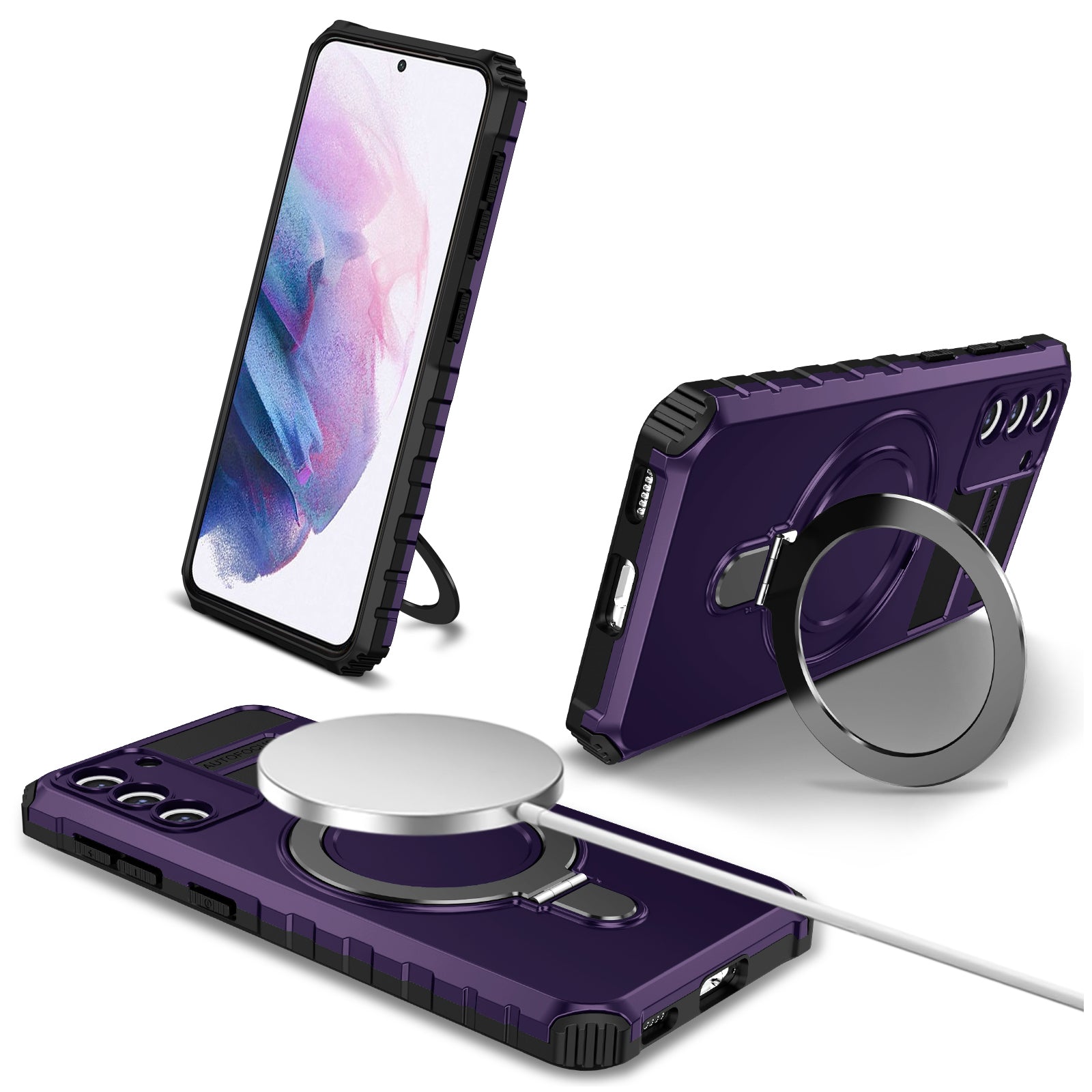 For Samsung Galaxy S21+ 5G Shockproof Case Kickstand PC+TPU Phone Cover Compatible with MagSafe