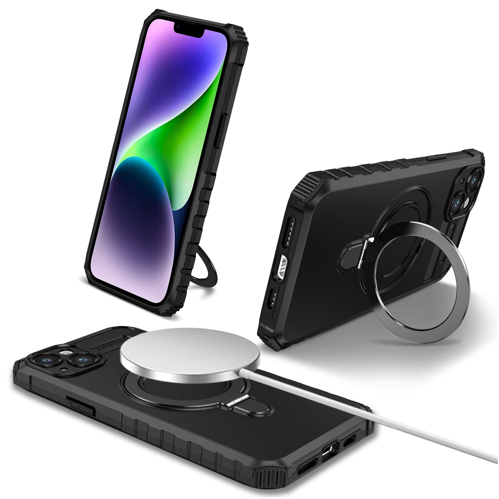 For iPhone 15 Case Compatible with MagSafe PC+TPU Phone Cover Build-in Kickstand