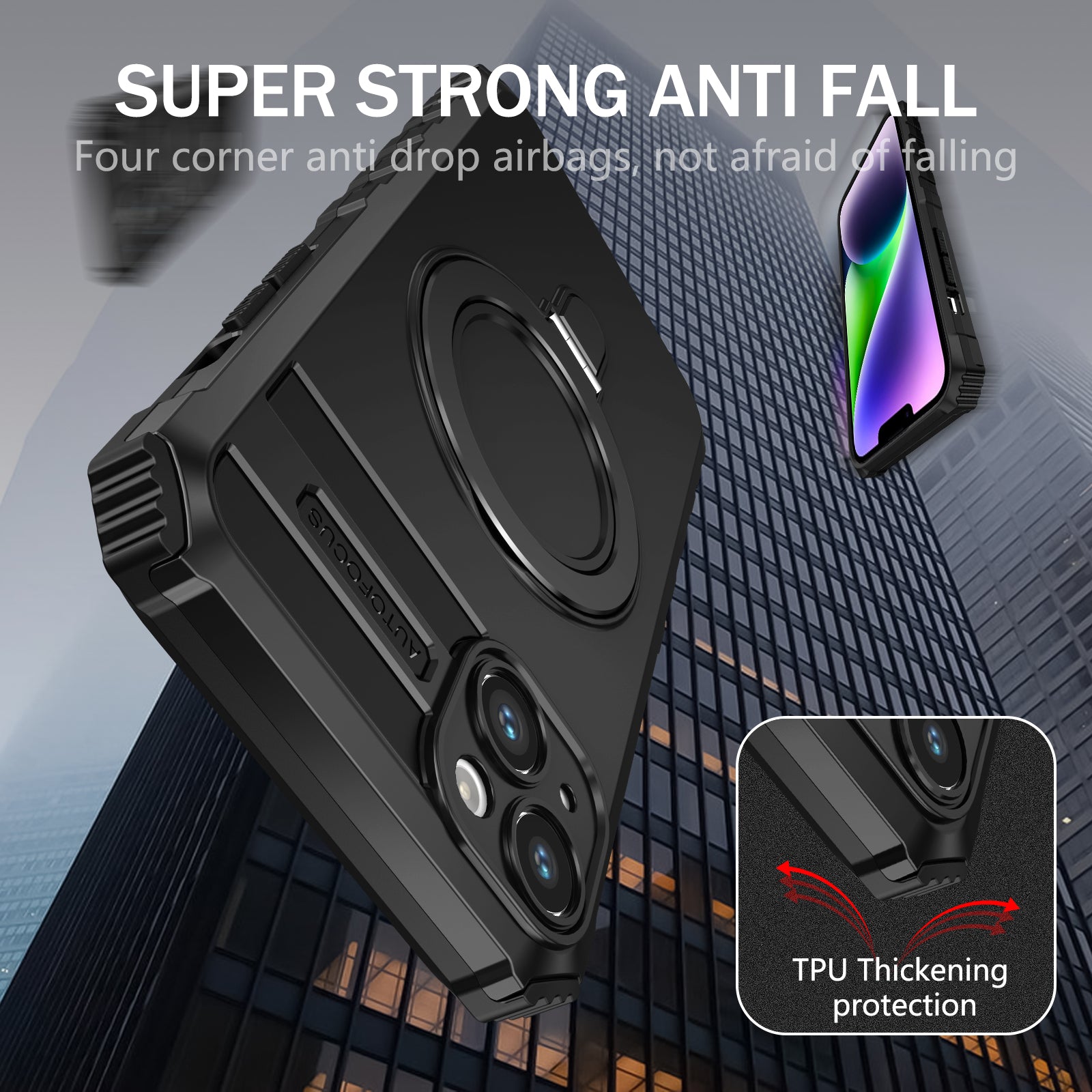For iPhone 15 Case Compatible with MagSafe PC+TPU Phone Cover Build-in Kickstand
