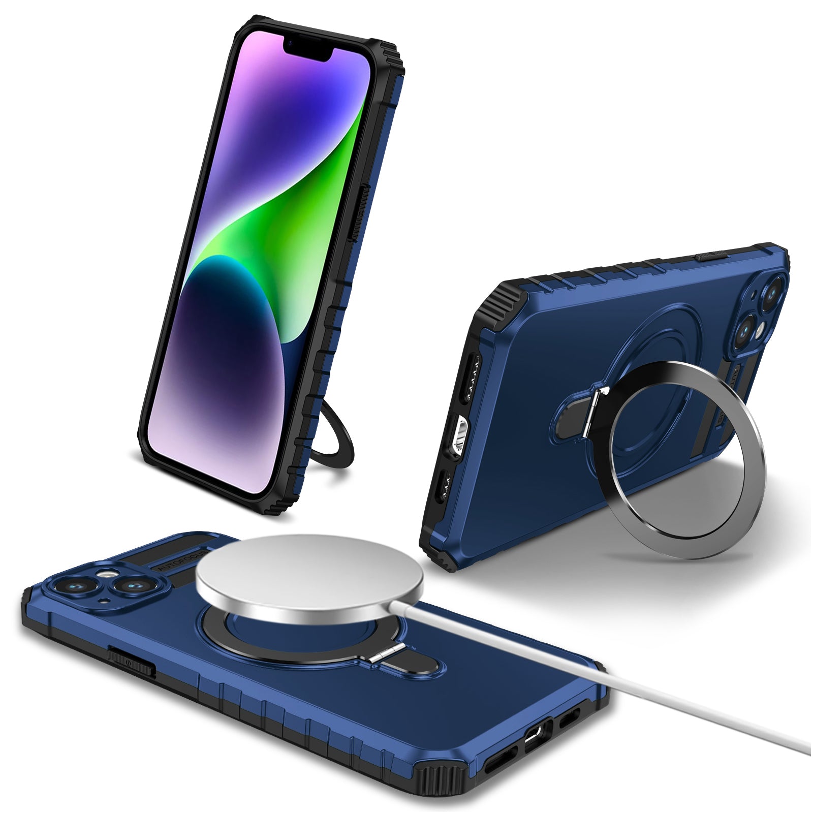 For iPhone 15 Case Compatible with MagSafe PC+TPU Phone Cover Build-in Kickstand