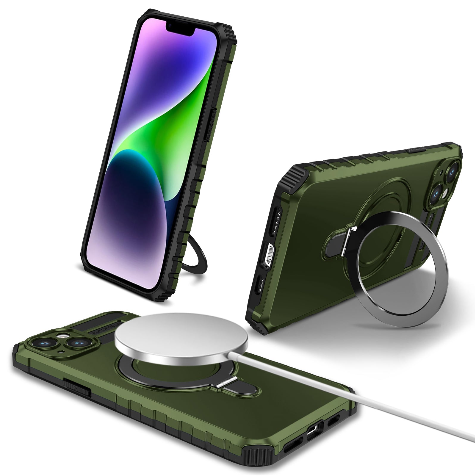 For iPhone 15 Case Compatible with MagSafe PC+TPU Phone Cover Build-in Kickstand