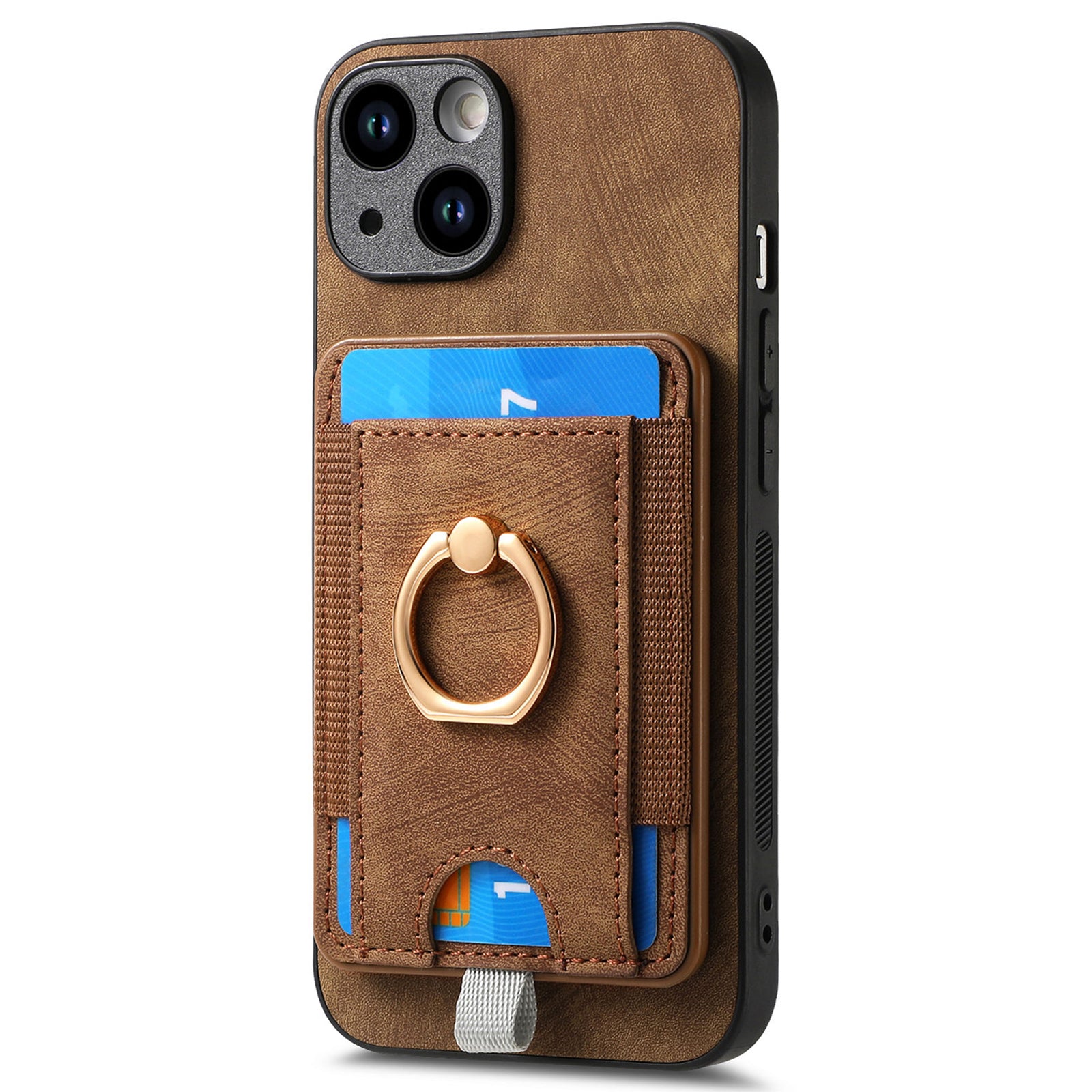D7 For iPhone 15 Plus Case Kickstand Leather+TPU Phone Cover with Detachable Card Bag