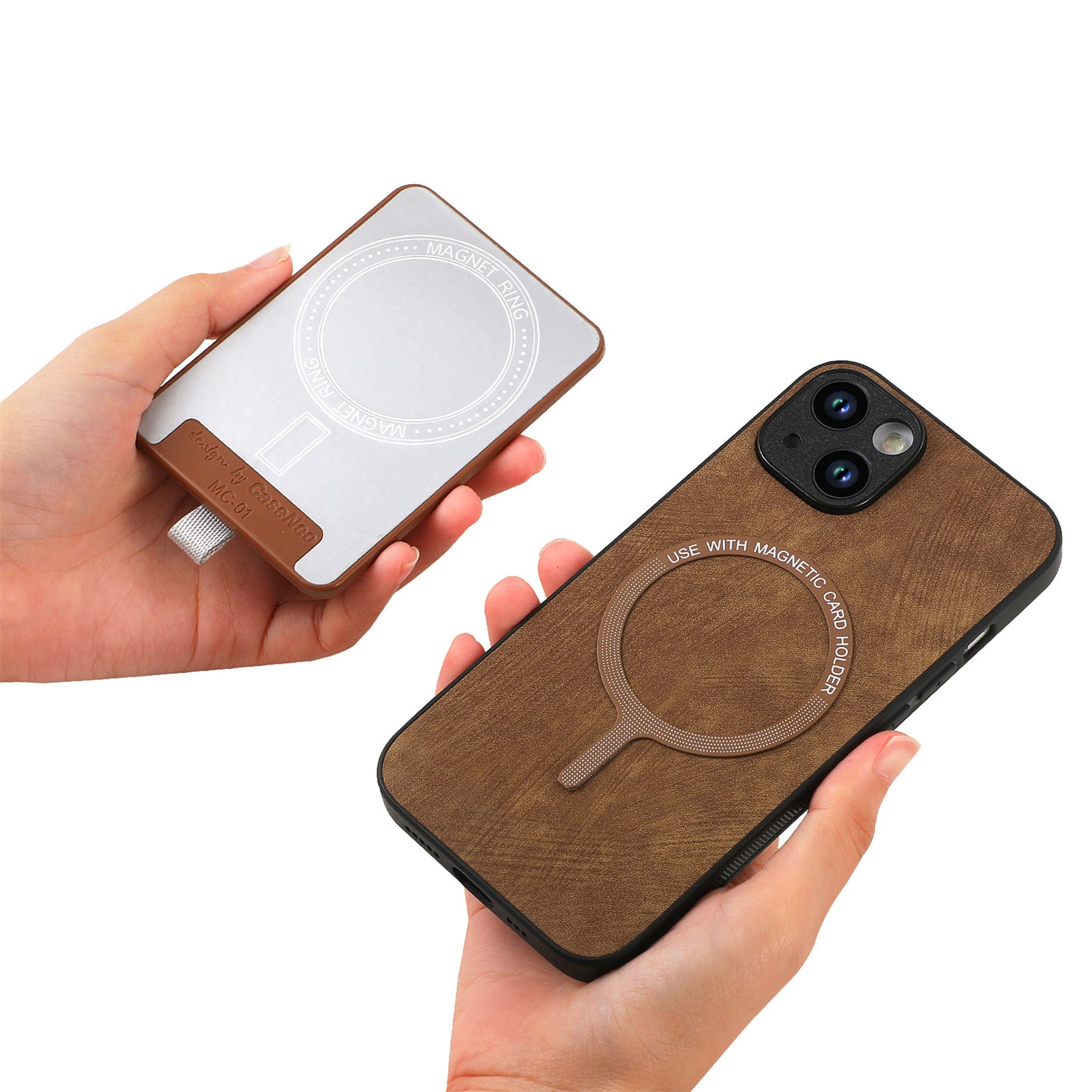 D7 For iPhone 15 Plus Case Kickstand Leather+TPU Phone Cover with Detachable Card Bag