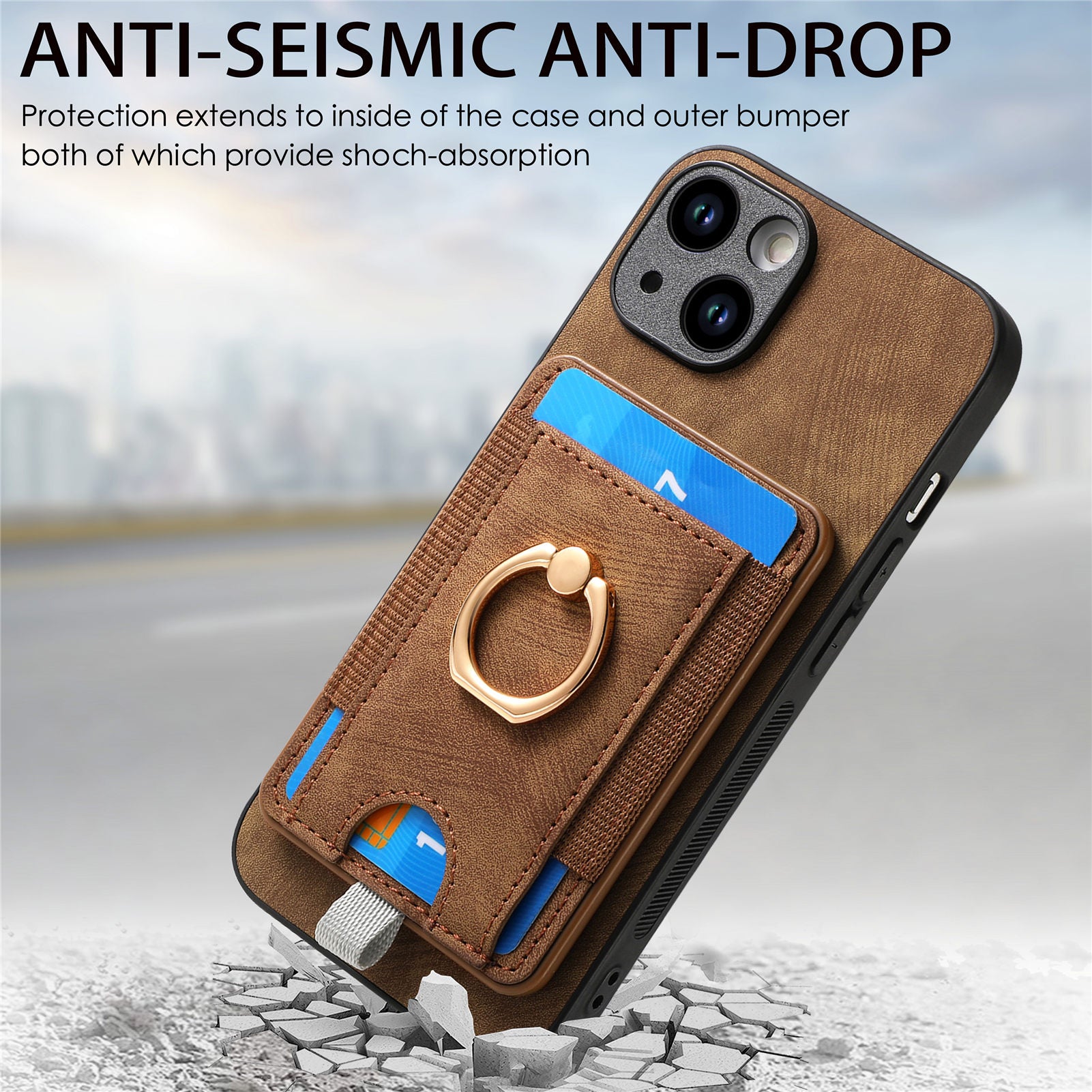 D7 For iPhone 15 Plus Case Kickstand Leather+TPU Phone Cover with Detachable Card Bag