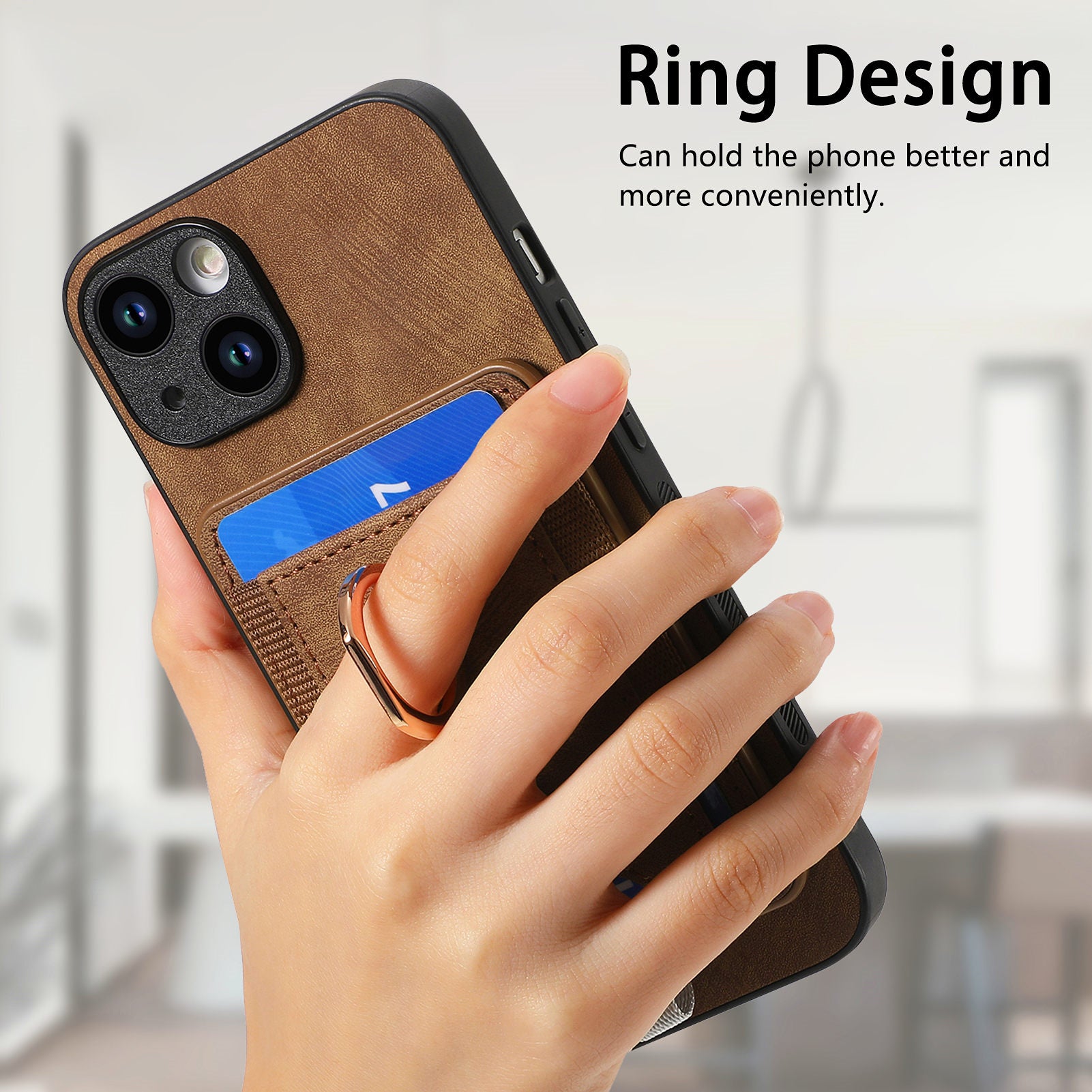 D7 For iPhone 15 Plus Case Kickstand Leather+TPU Phone Cover with Detachable Card Bag