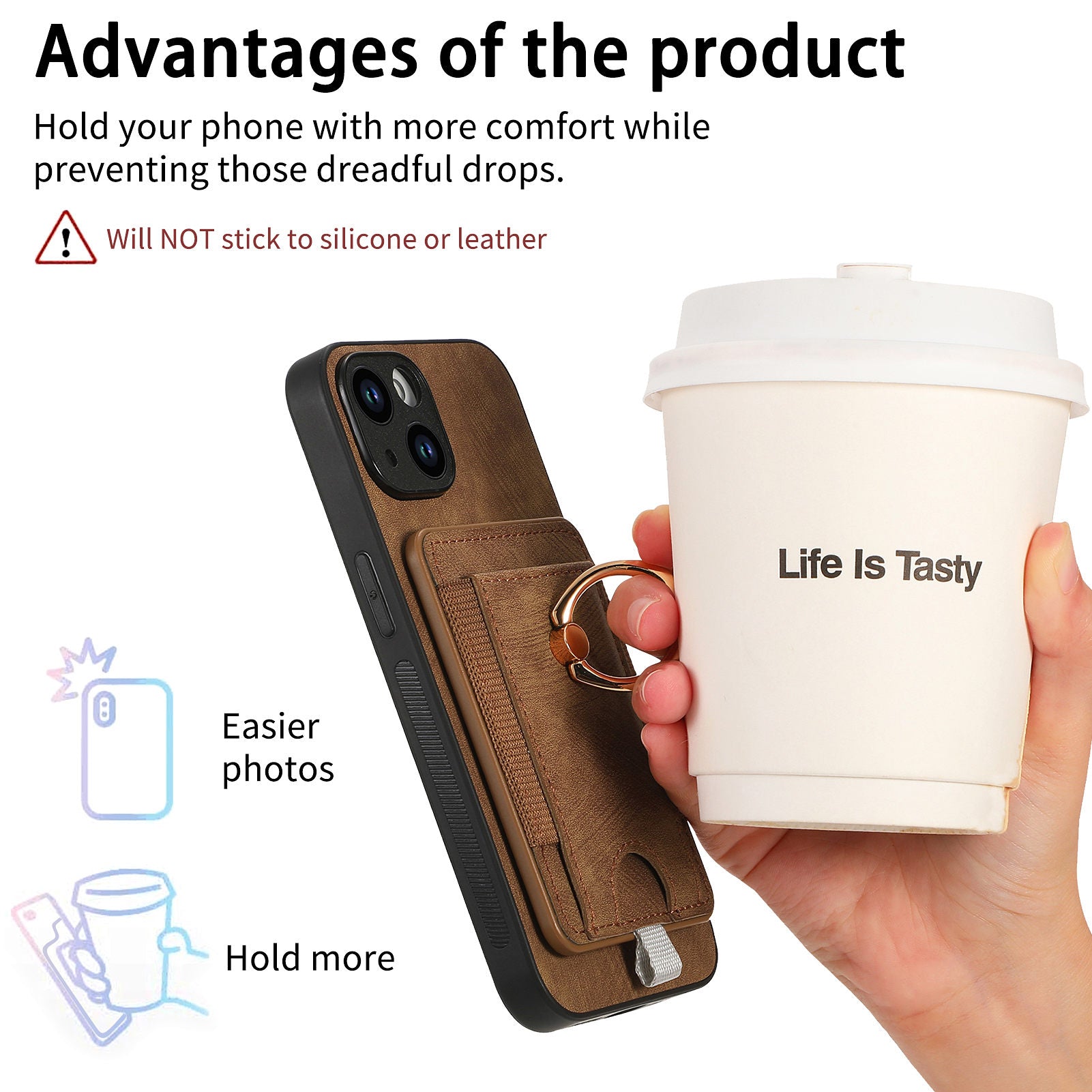 D7 For iPhone 15 Plus Case Kickstand Leather+TPU Phone Cover with Detachable Card Bag