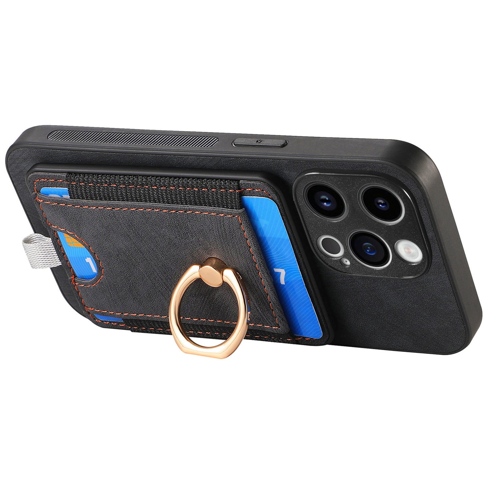 D7 For iPhone 14 Pro Case Ring Kickstand Leather+TPU Cover Detachable Magnetic Card Holder
