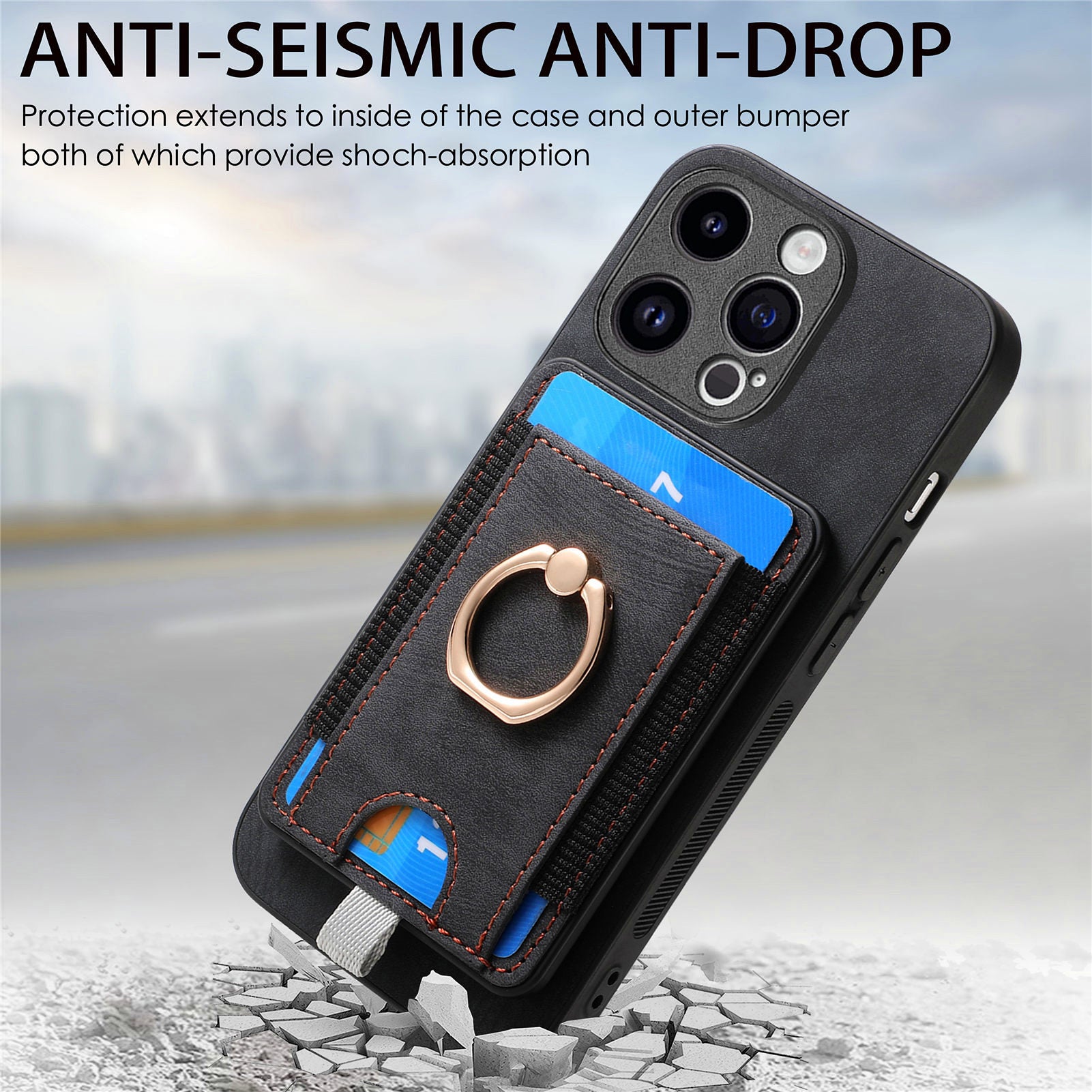 D7 For iPhone 14 Pro Case Ring Kickstand Leather+TPU Cover Detachable Magnetic Card Holder