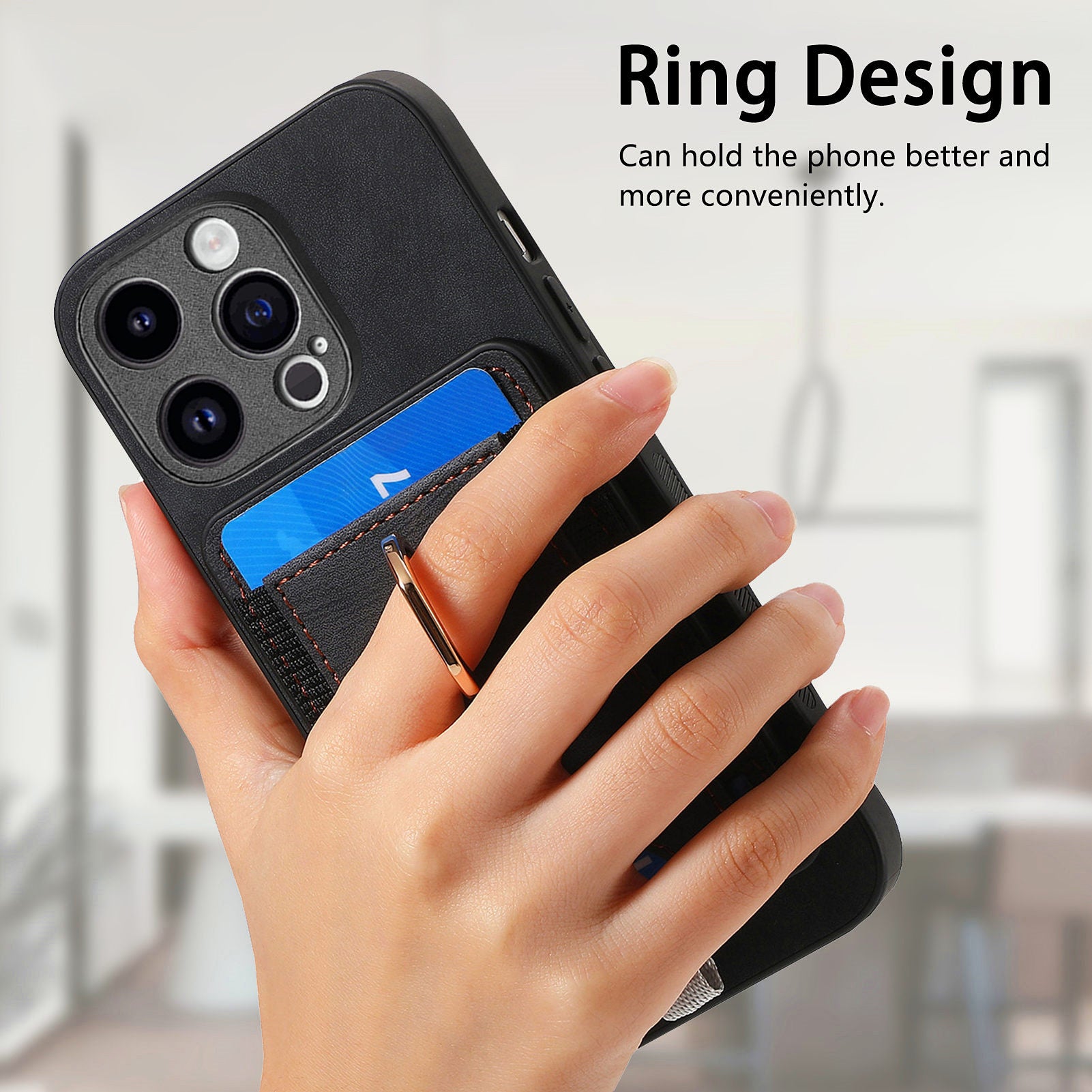 D7 For iPhone 14 Pro Case Ring Kickstand Leather+TPU Cover Detachable Magnetic Card Holder