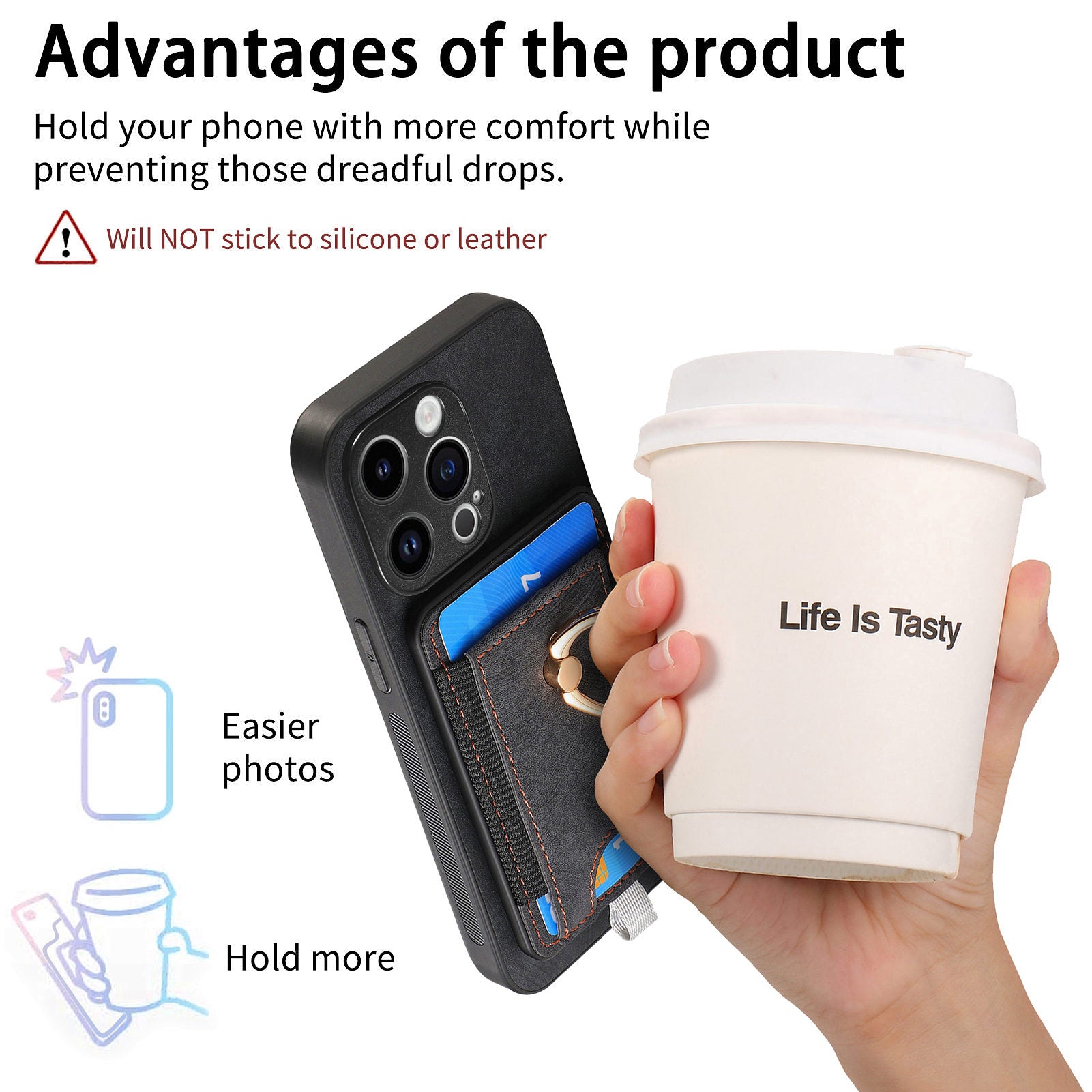 D7 For iPhone 14 Pro Case Ring Kickstand Leather+TPU Cover Detachable Magnetic Card Holder