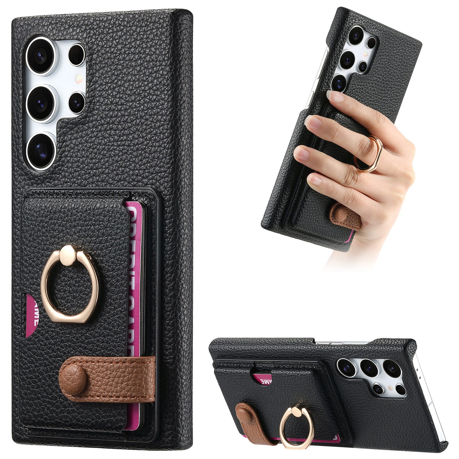 Y2 For Samsung Galaxy S24 Ultra Case with Card Holder Kickstand Litchi Texture Leather Back Cover