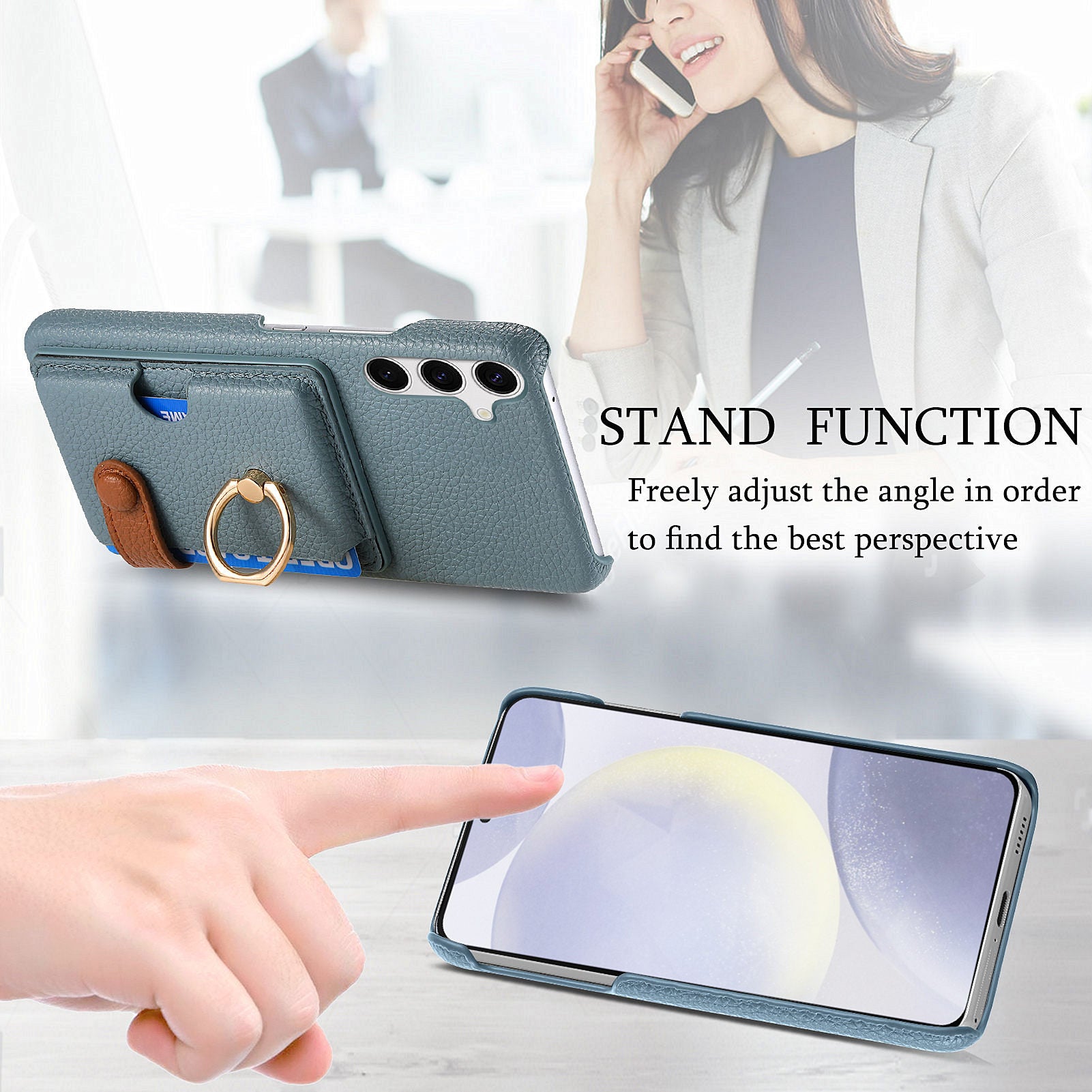 Y2 For Samsung Galaxy S24 Case Rotation Ring Kickstand Leather Coated PC+TPU Phone Cover