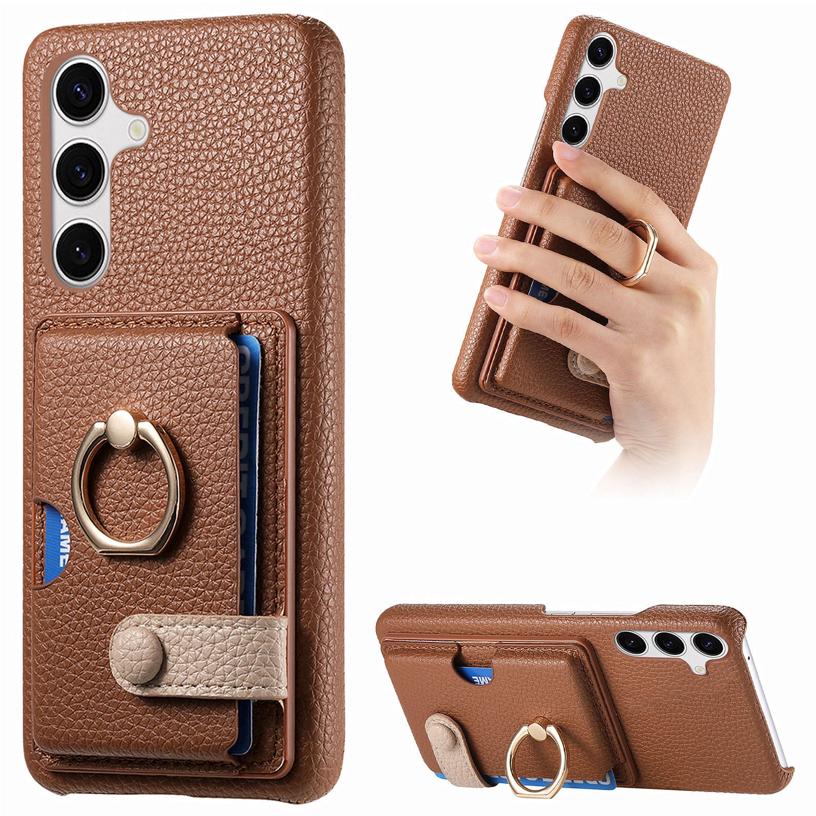 Y2 For Samsung Galaxy S24 Case Rotation Ring Kickstand Leather Coated PC+TPU Phone Cover