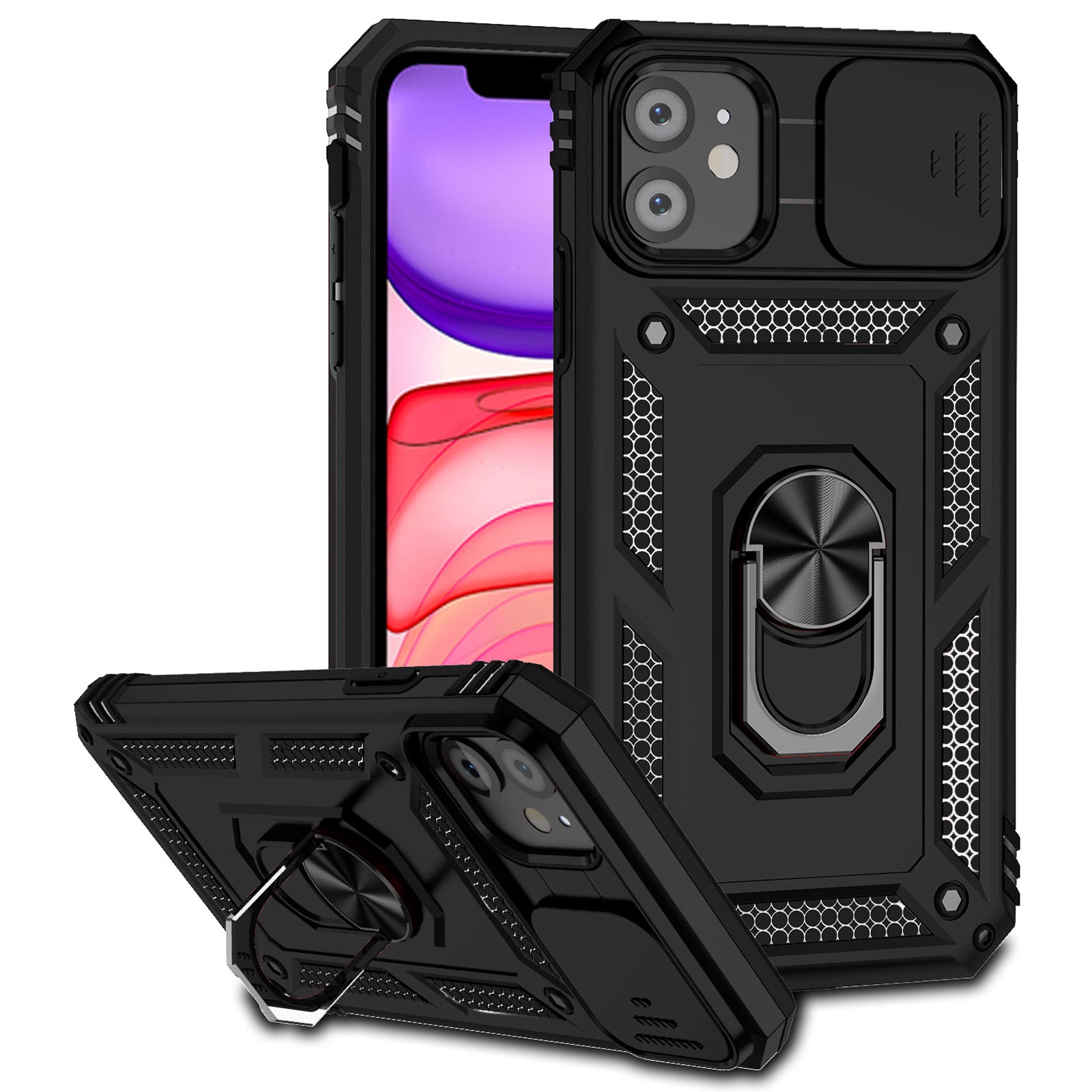 For iPhone 11 Case PC+TPU Kickstand Armour Phone Cover with Camera Slide Guard