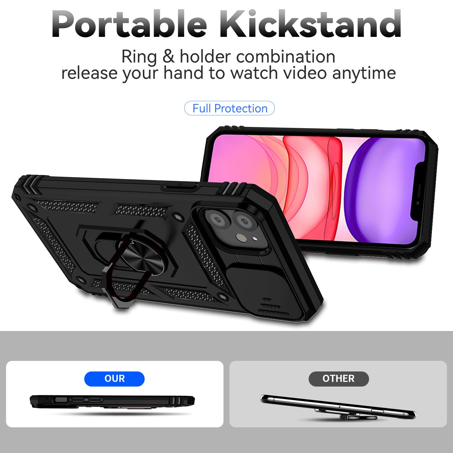 For iPhone 11 Case PC+TPU Kickstand Armour Phone Cover with Camera Slide Guard