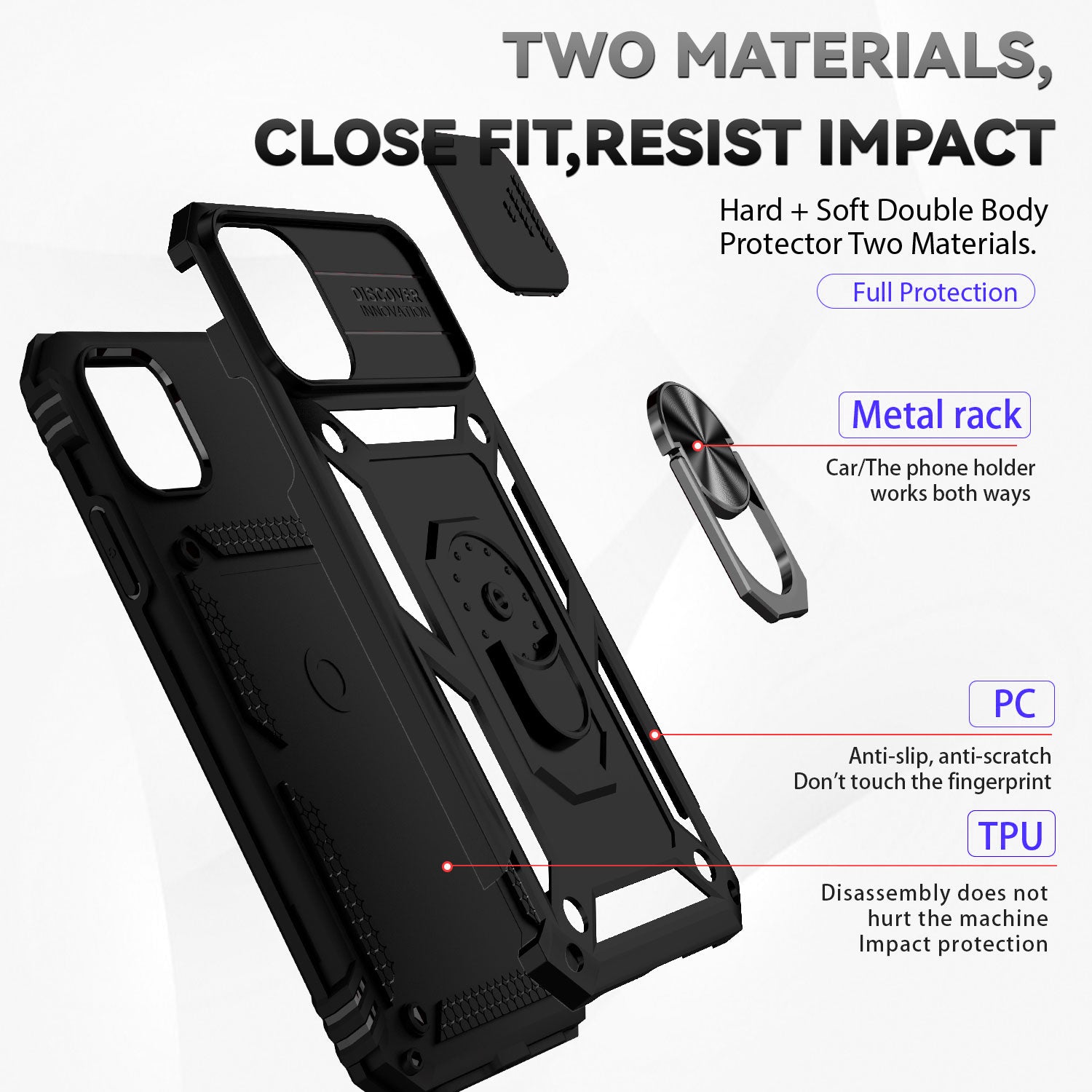 For iPhone 11 Case PC+TPU Kickstand Armour Phone Cover with Camera Slide Guard